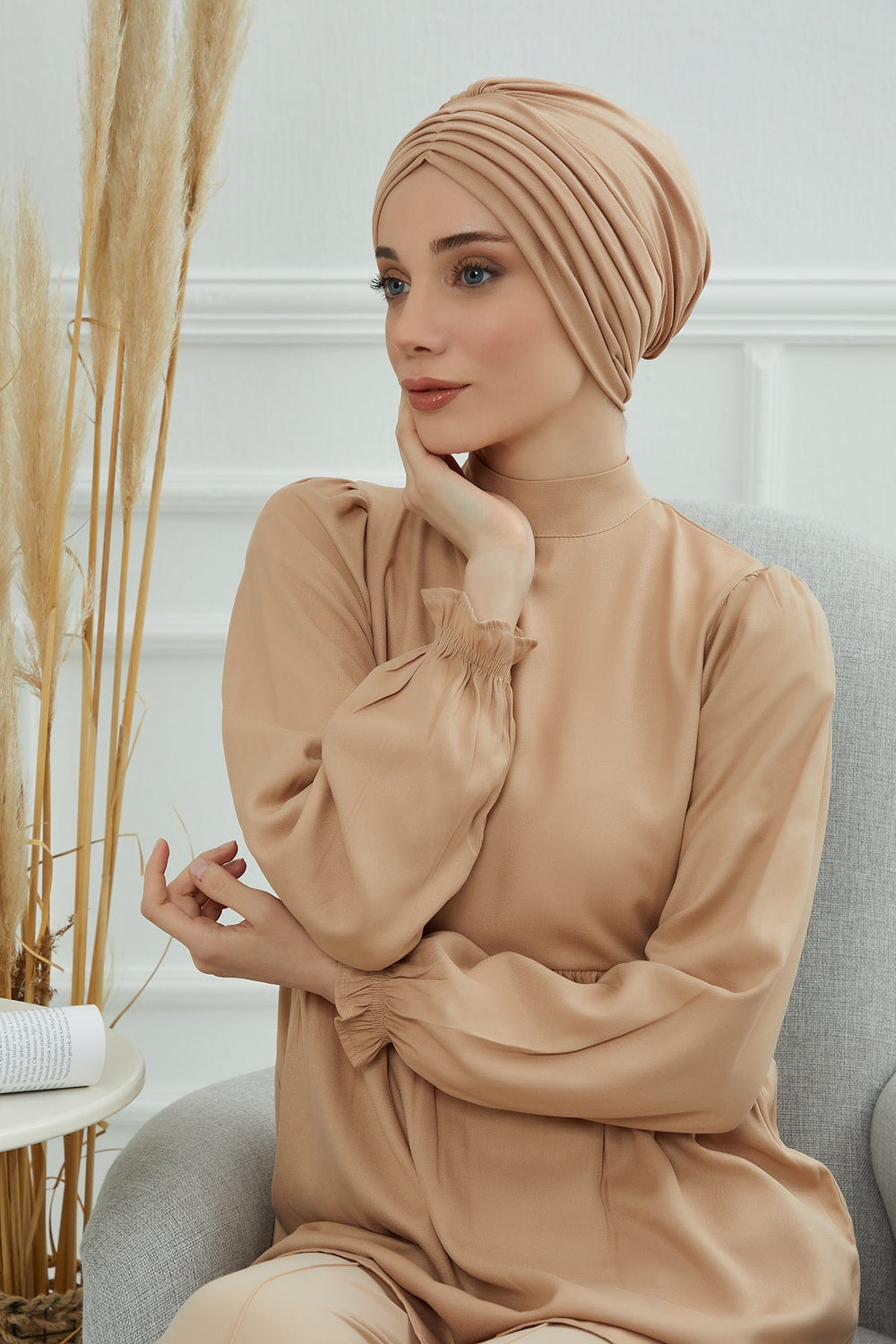 Shirred Elegance Head Turban For Women Fashion Instant Turban Shirred Head Scarf, Plain & Comfortable Stylish Bonnet Cap for Women,B-13 Sand Brown