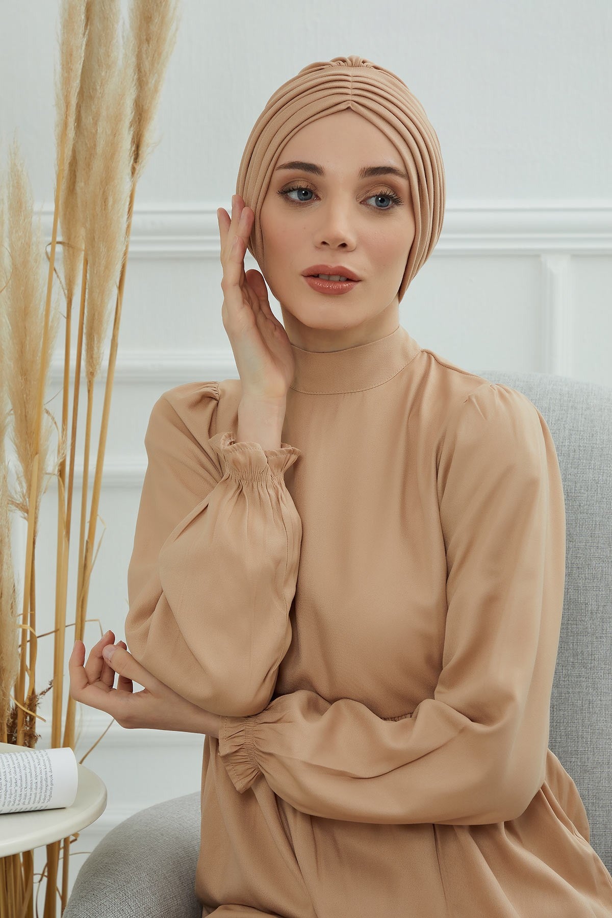 Shirred Elegance Head Turban For Women Fashion Instant Turban Shirred Head Scarf, Plain & Comfortable Stylish Bonnet Cap for Women,B-13 Sand Brown