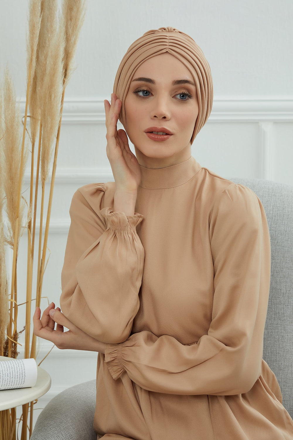 Shirred Elegance Head Turban For Women Fashion Instant Turban Shirred Head Scarf, Plain & Comfortable Stylish Bonnet Cap for Women,B-13 Sand Brown