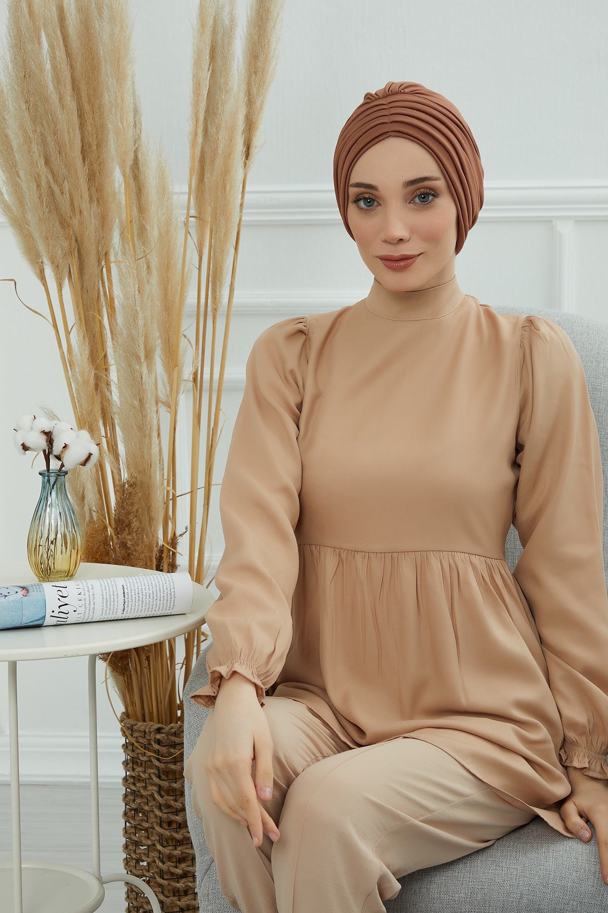 Shirred Elegance Head Turban For Women Fashion Instant Turban Shirred Head Scarf, Plain & Comfortable Stylish Bonnet Cap for Women,B-13 Caramel Brown