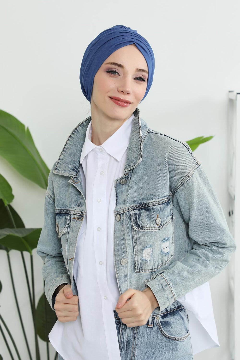 Shirred Elegance Head Turban For Women Fashion Instant Turban Shirred Head Scarf, Plain & Comfortable Stylish Bonnet Cap for Women,B-13 İndigo