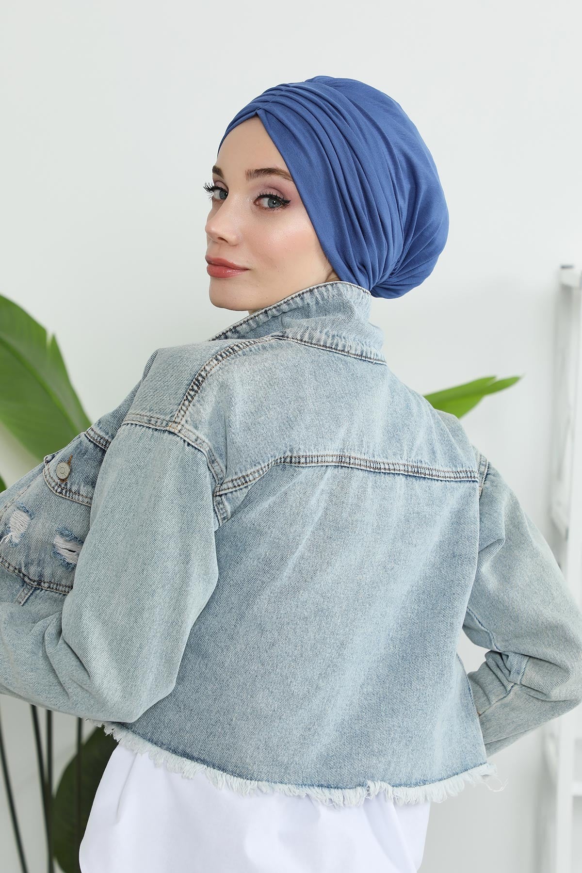 Shirred Elegance Head Turban For Women Fashion Instant Turban Shirred Head Scarf, Plain & Comfortable Stylish Bonnet Cap for Women,B-13 İndigo