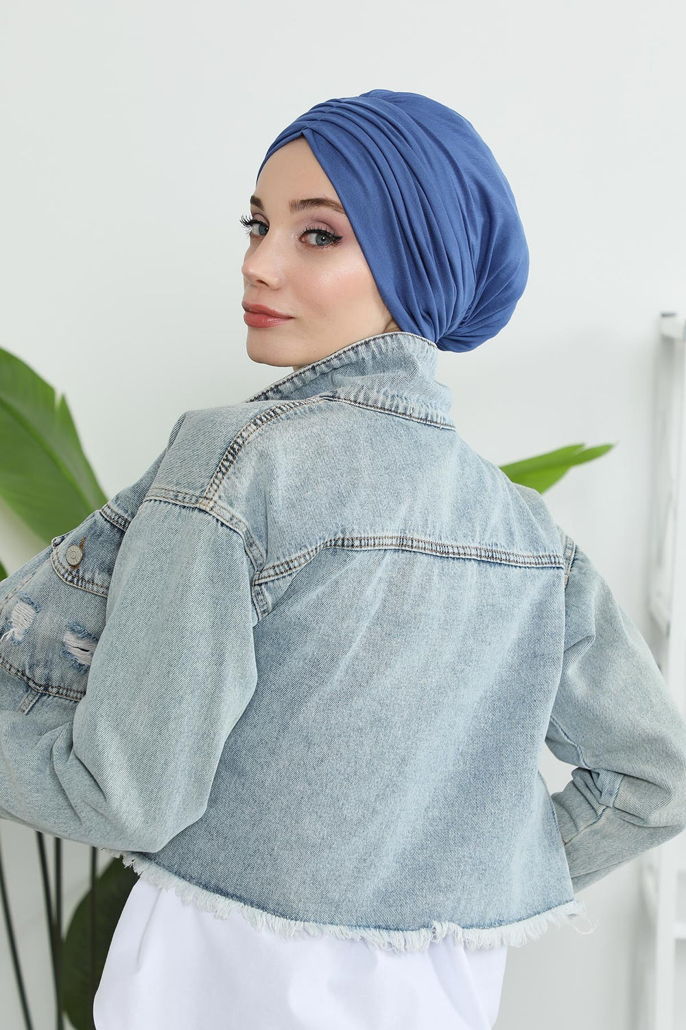 Shirred Elegance Head Turban For Women Fashion Instant Turban Shirred Head Scarf, Plain & Comfortable Stylish Bonnet Cap for Women,B-13 İndigo