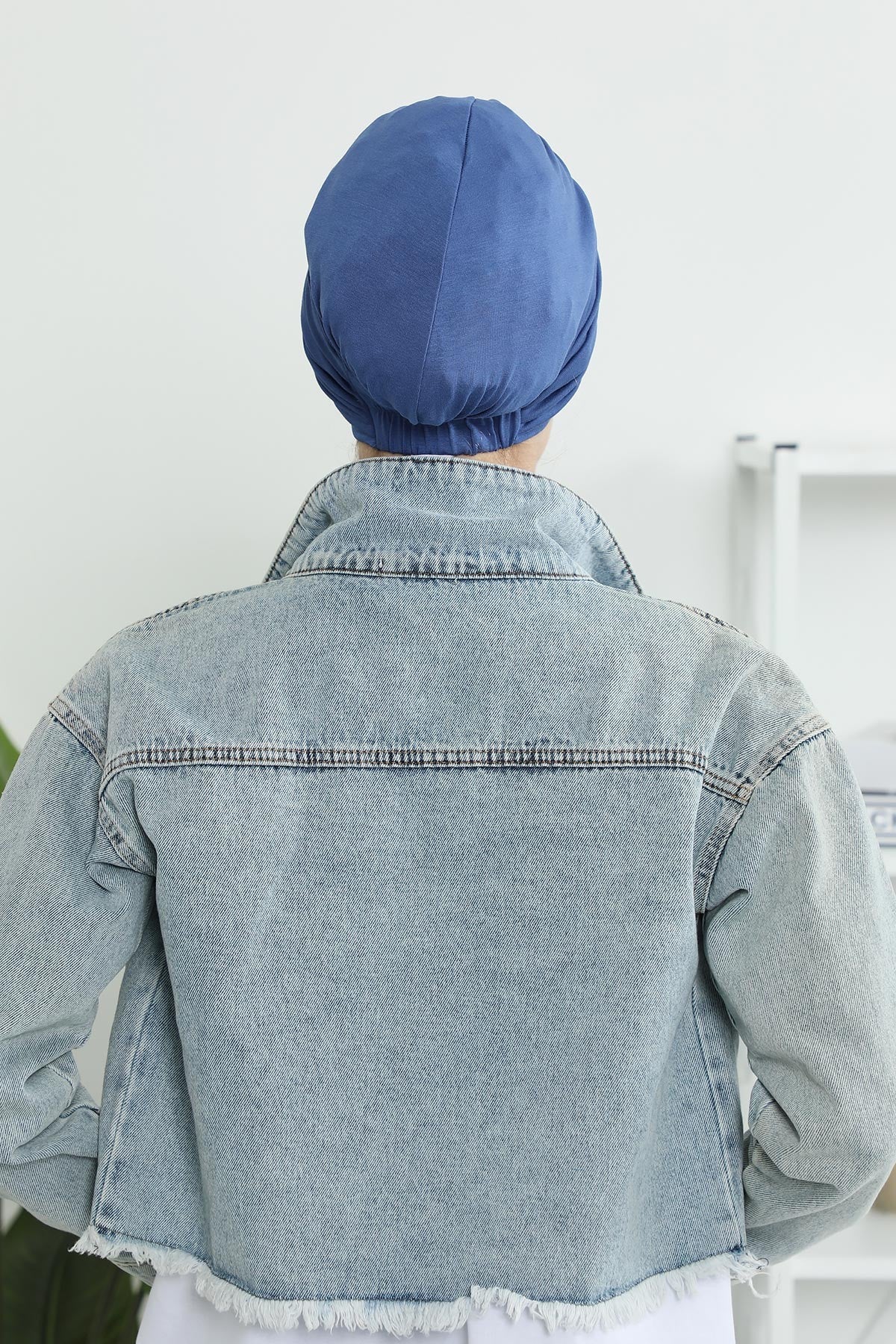 Shirred Elegance Head Turban For Women Fashion Instant Turban Shirred Head Scarf, Plain & Comfortable Stylish Bonnet Cap for Women,B-13 İndigo
