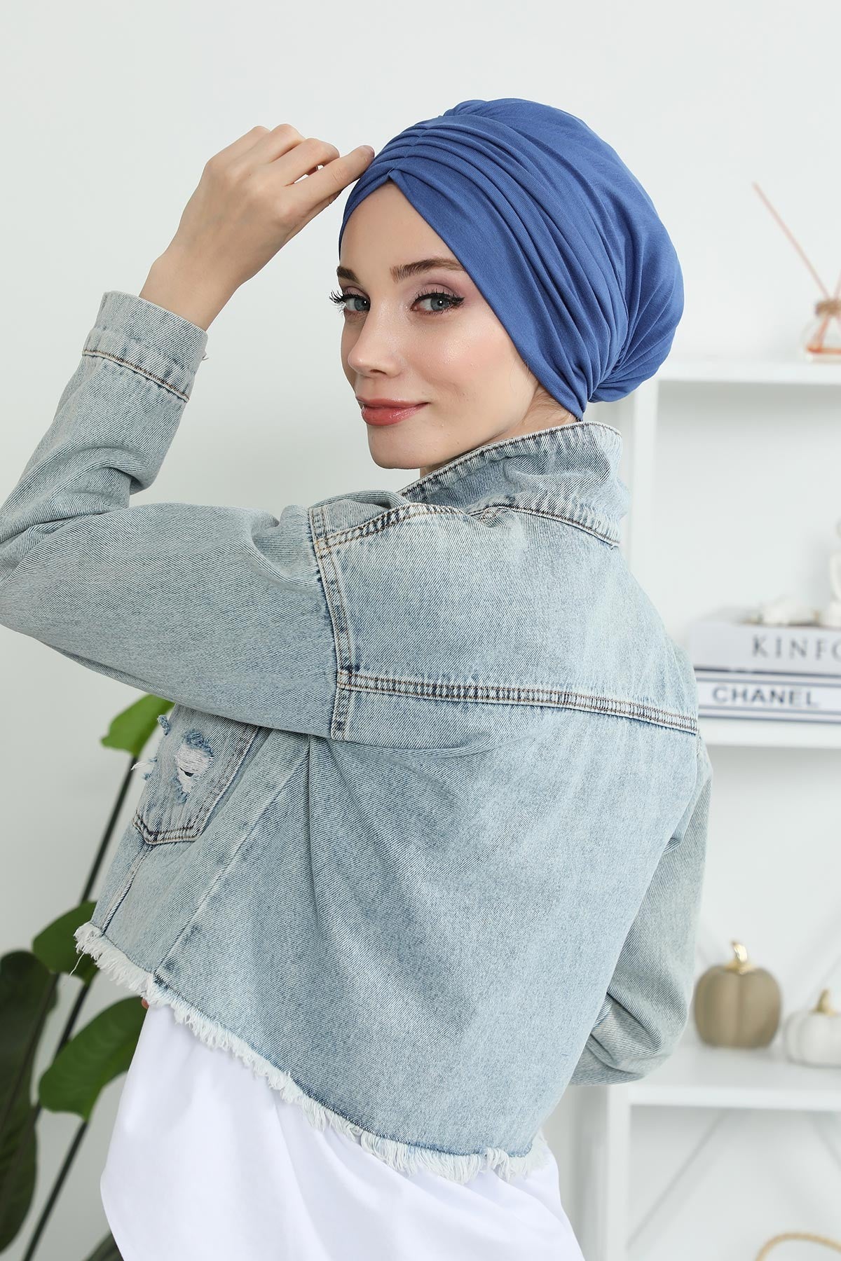 Shirred Elegance Head Turban For Women Fashion Instant Turban Shirred Head Scarf, Plain & Comfortable Stylish Bonnet Cap for Women,B-13 İndigo