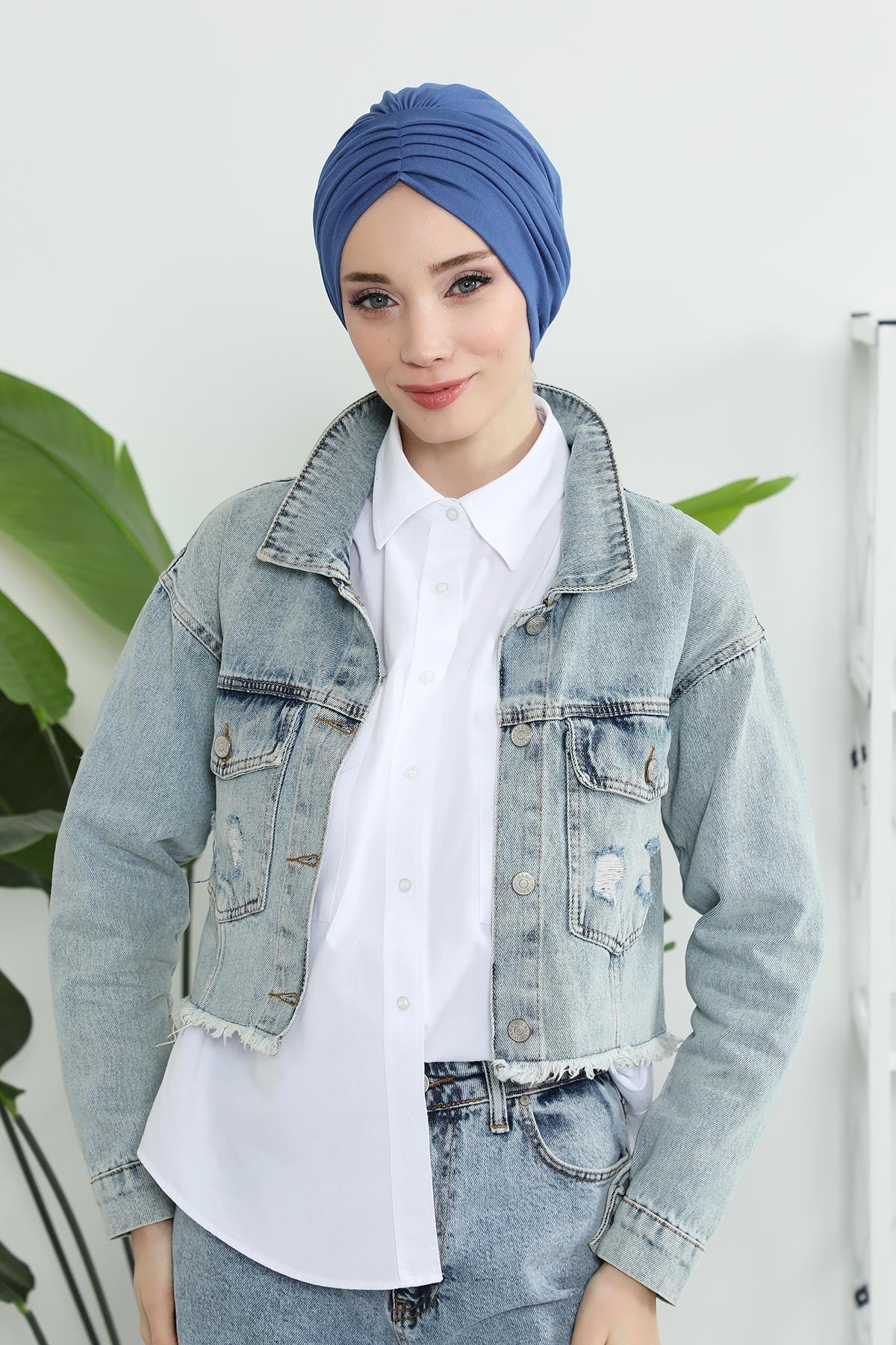 Shirred Elegance Head Turban For Women Fashion Instant Turban Shirred Head Scarf, Plain & Comfortable Stylish Bonnet Cap for Women,B-13 İndigo