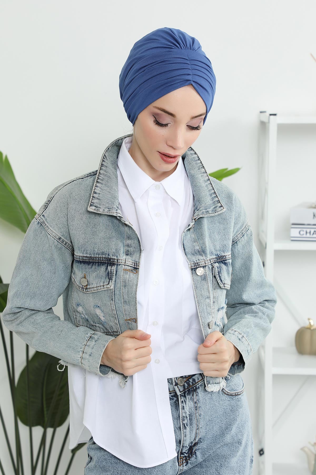 Shirred Elegance Head Turban For Women Fashion Instant Turban Shirred Head Scarf, Plain & Comfortable Stylish Bonnet Cap for Women,B-13 İndigo