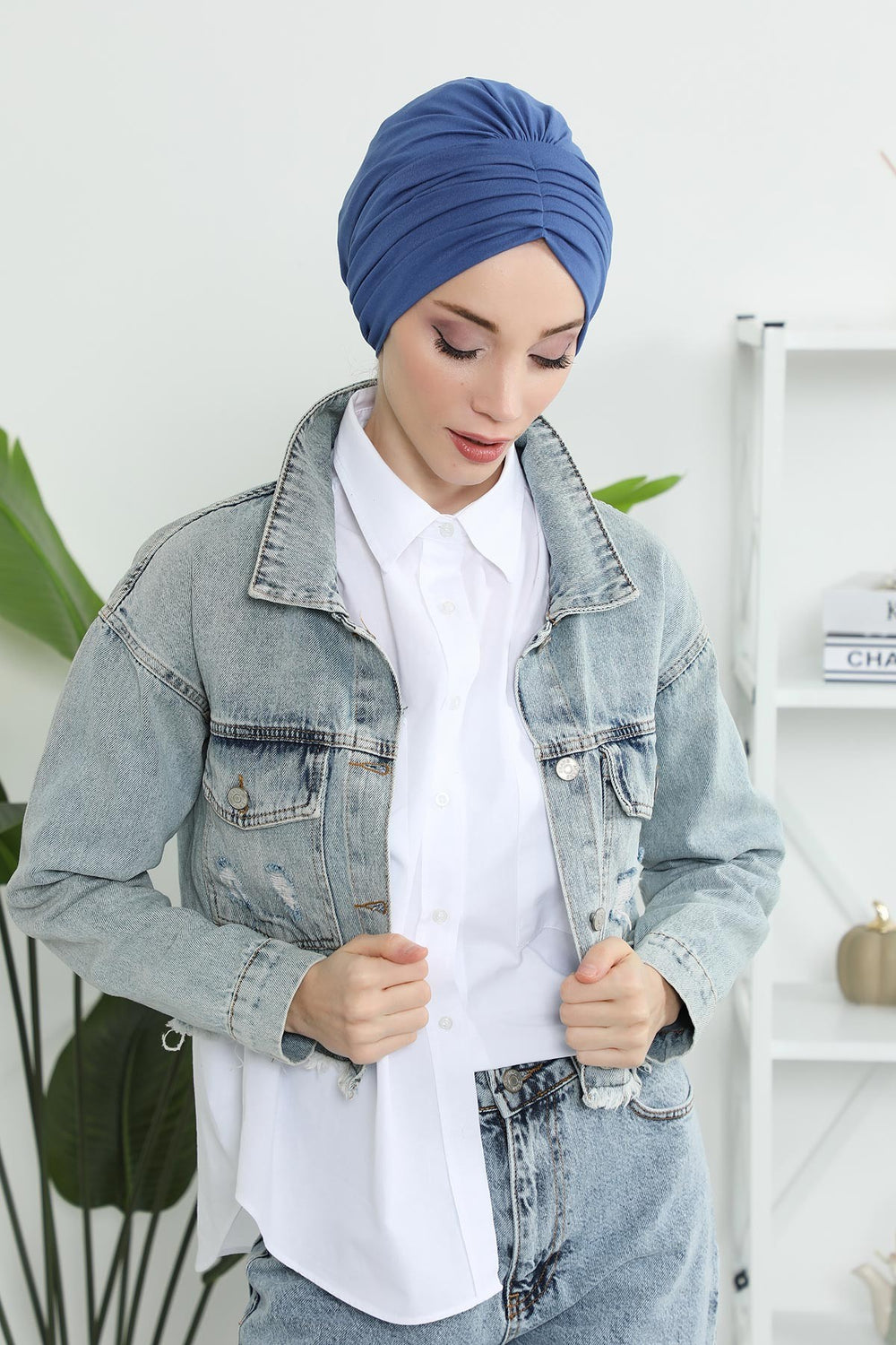 Shirred Elegance Head Turban For Women Fashion Instant Turban Shirred Head Scarf, Plain & Comfortable Stylish Bonnet Cap for Women,B-13 İndigo
