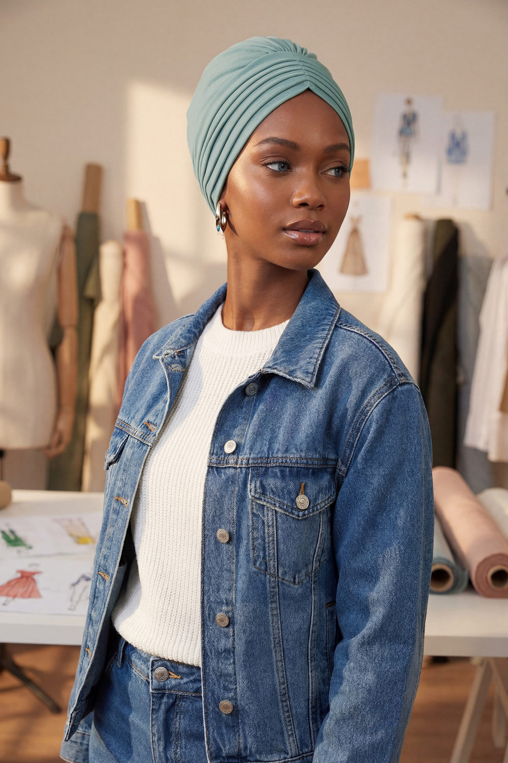Shirred Elegance Head Turban For Women Fashion Instant Turban Shirred Head Scarf, Plain & Comfortable Stylish Bonnet Cap for Women,B-13 Dark Mint