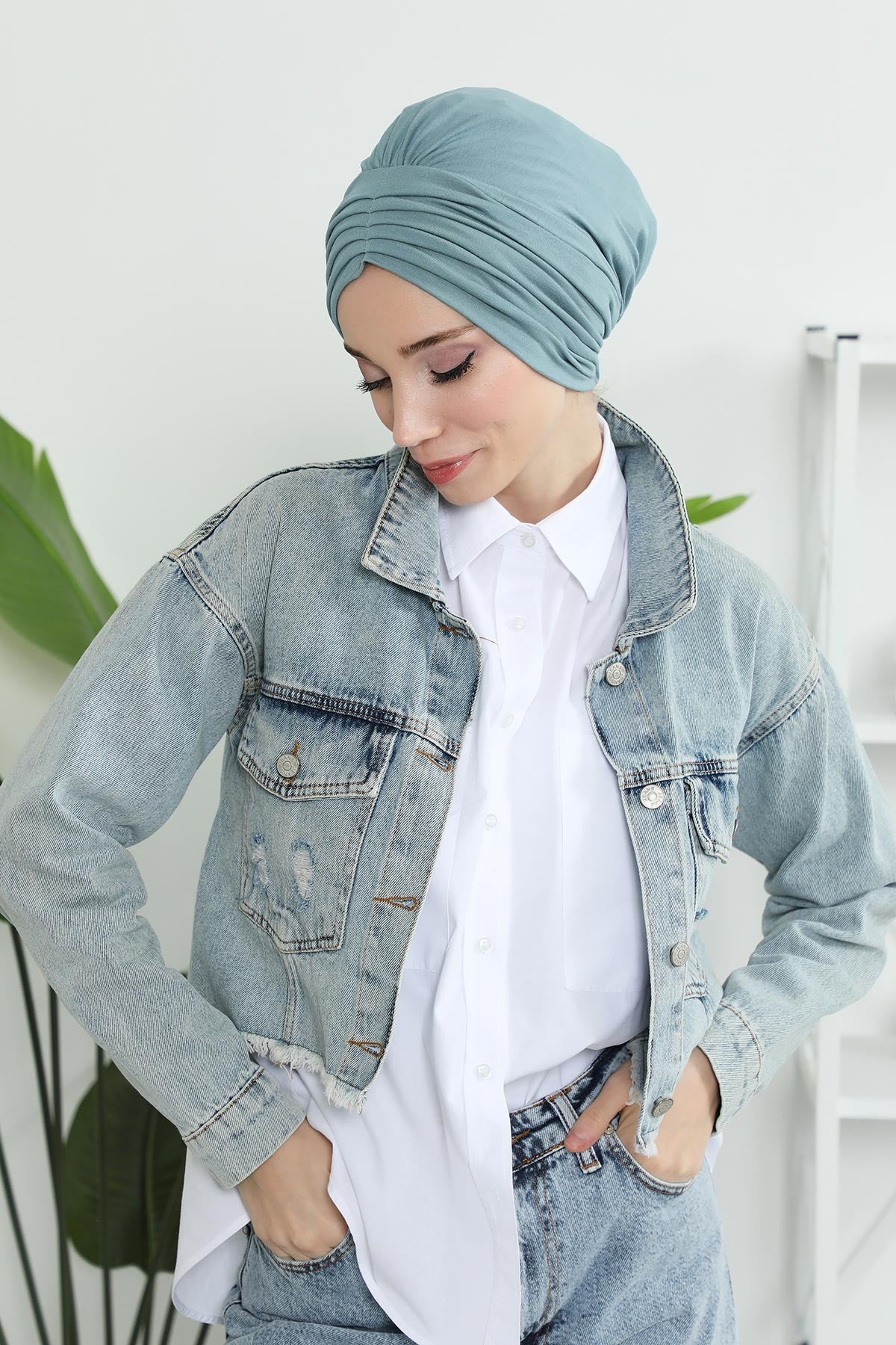 Shirred Elegance Head Turban For Women Fashion Instant Turban Shirred Head Scarf, Plain & Comfortable Stylish Bonnet Cap for Women,B-13 Dark Mint