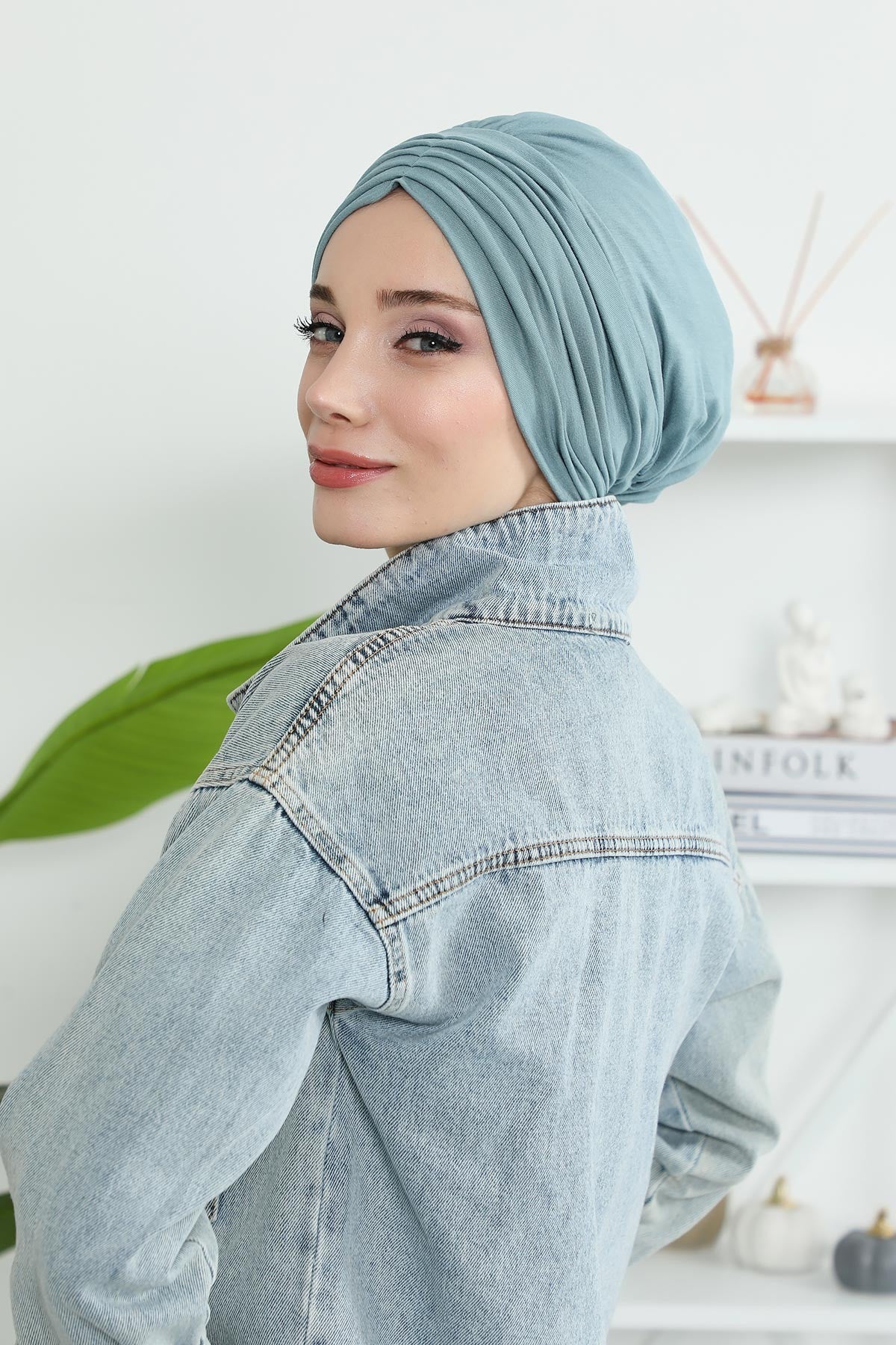 Shirred Elegance Head Turban For Women Fashion Instant Turban Shirred Head Scarf, Plain & Comfortable Stylish Bonnet Cap for Women,B-13 Dark Mint