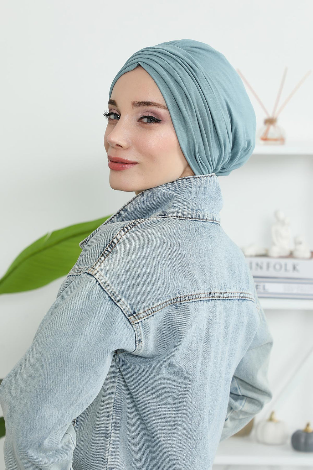 Shirred Elegance Head Turban For Women Fashion Instant Turban Shirred Head Scarf, Plain & Comfortable Stylish Bonnet Cap for Women,B-13 Dark Mint