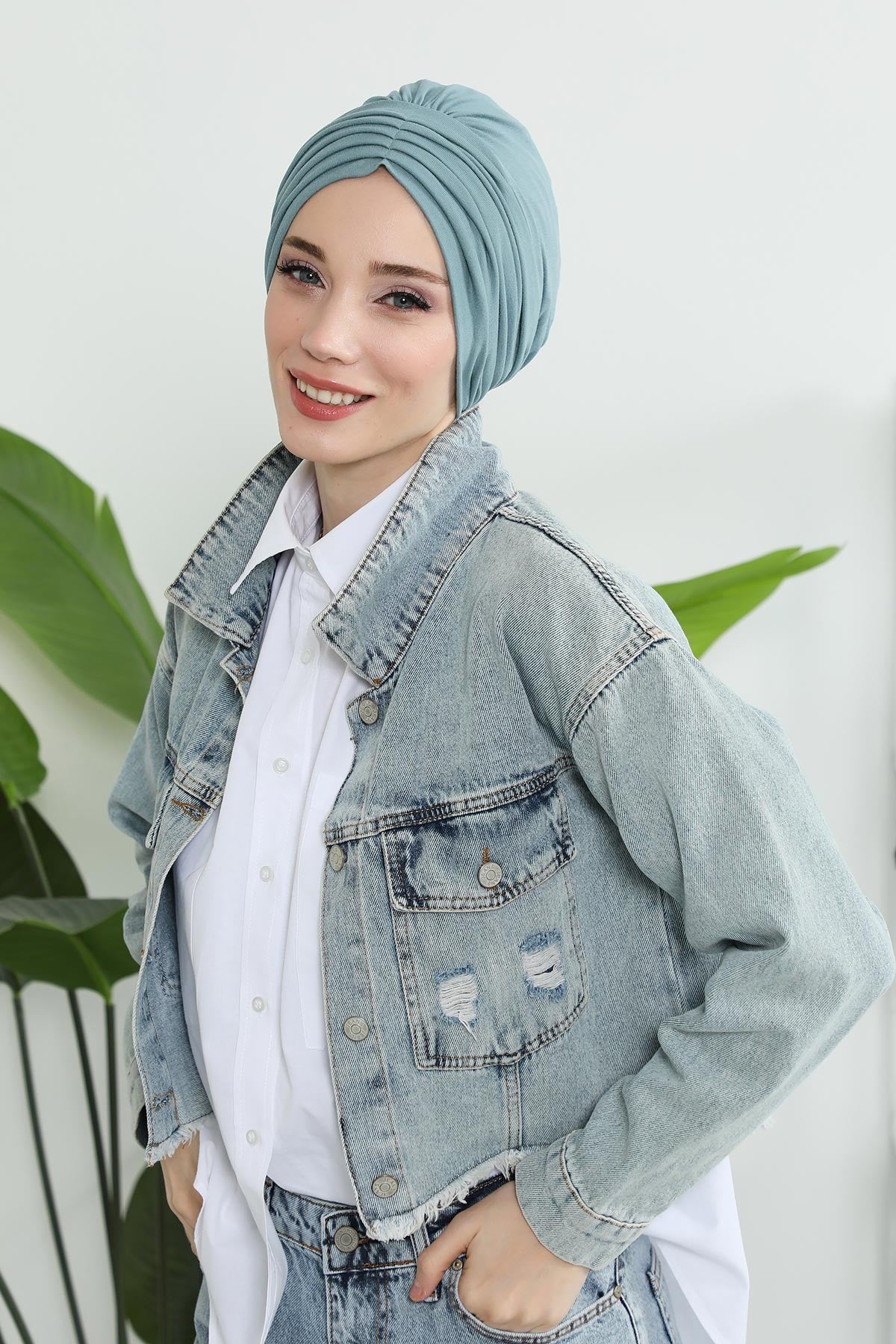 Shirred Elegance Head Turban For Women Fashion Instant Turban Shirred Head Scarf, Plain & Comfortable Stylish Bonnet Cap for Women,B-13 Dark Mint