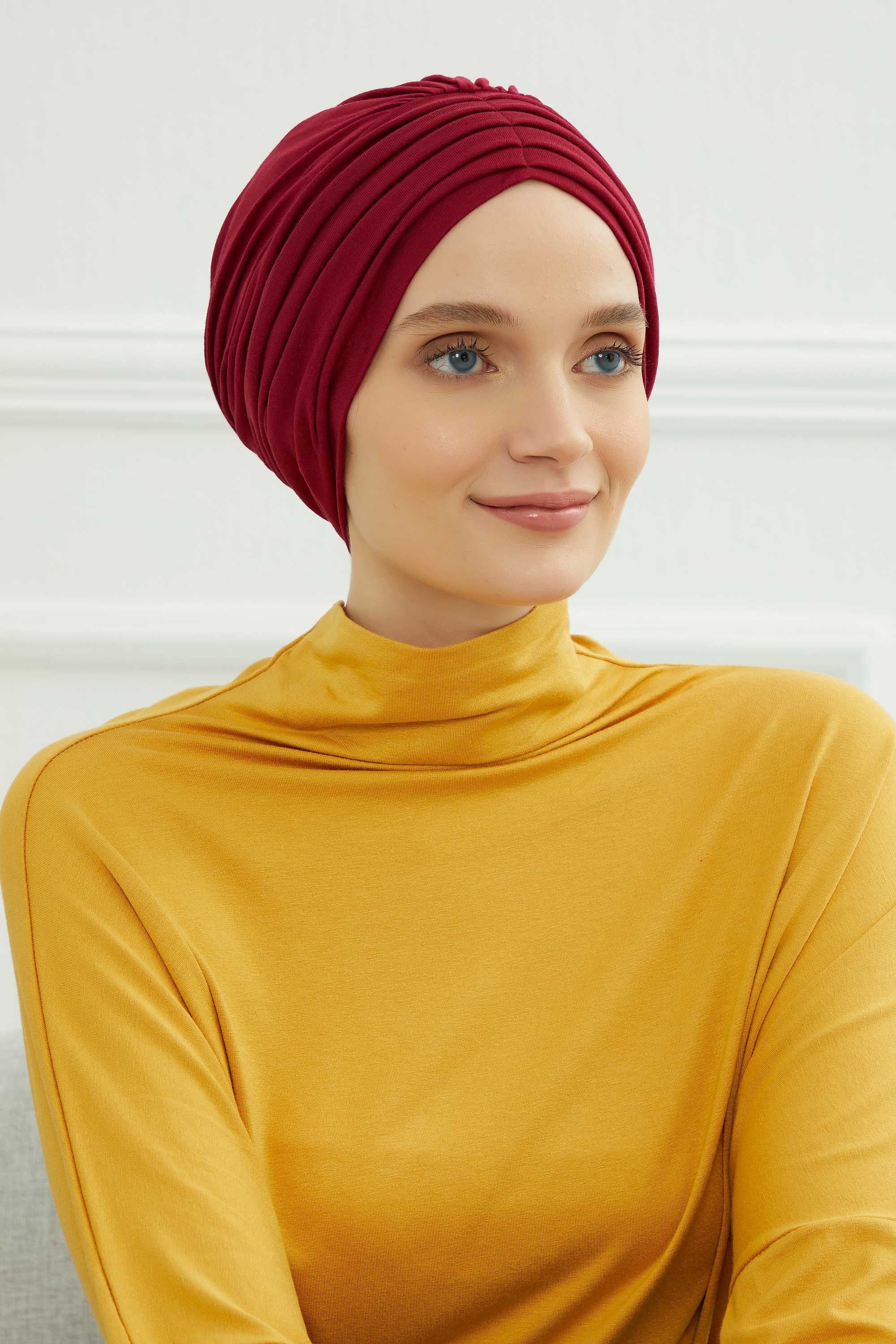 Shirred Elegance Head Turban For Women Fashion Instant Turban Shirred Head Scarf, Plain & Comfortable Stylish Bonnet Cap for Women,B-13 Maroon