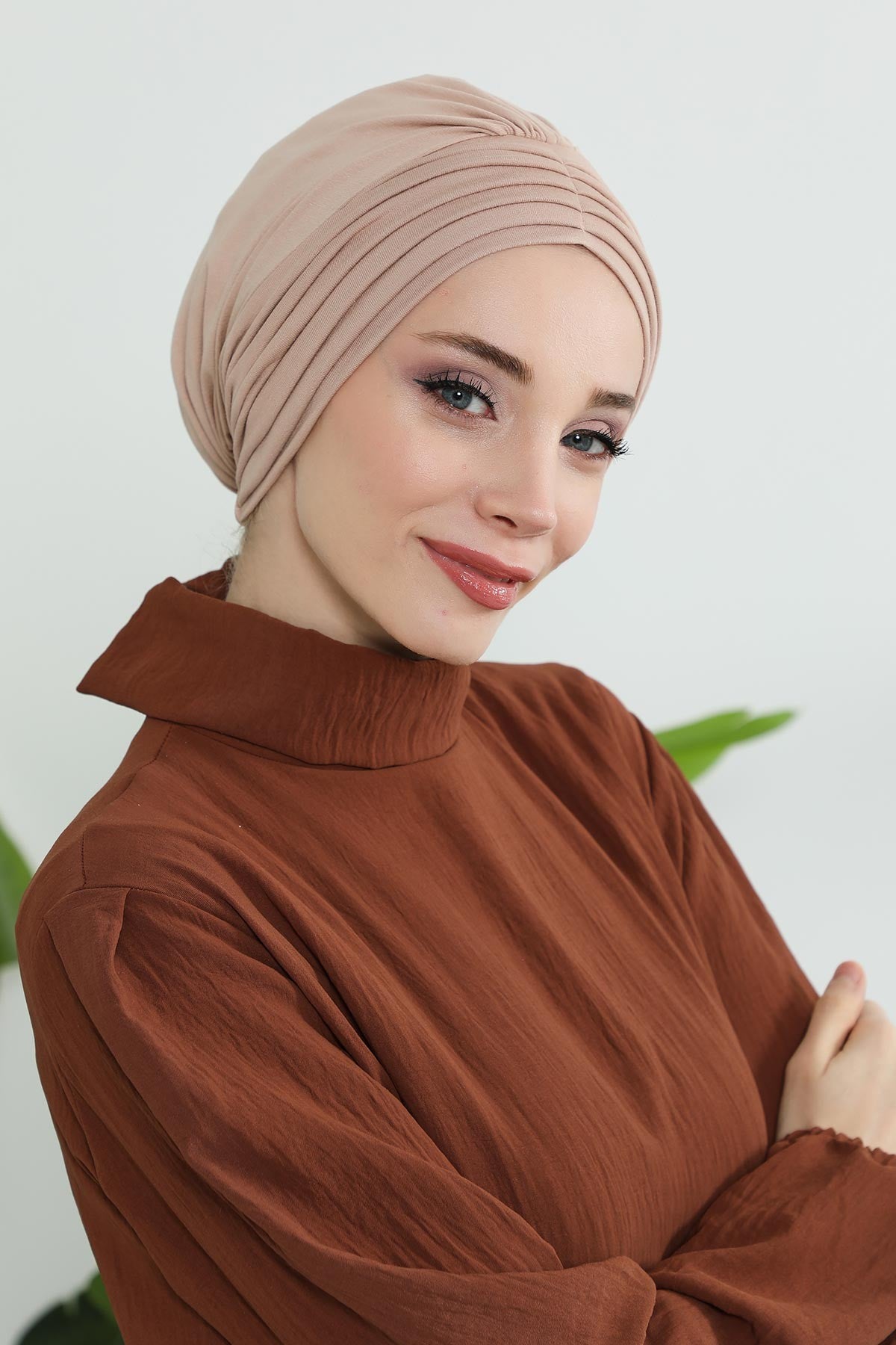 Shirred Elegance Head Turban For Women Fashion Instant Turban Shirred Head Scarf, Plain & Comfortable Stylish Bonnet Cap for Women,B-13 Light Mink