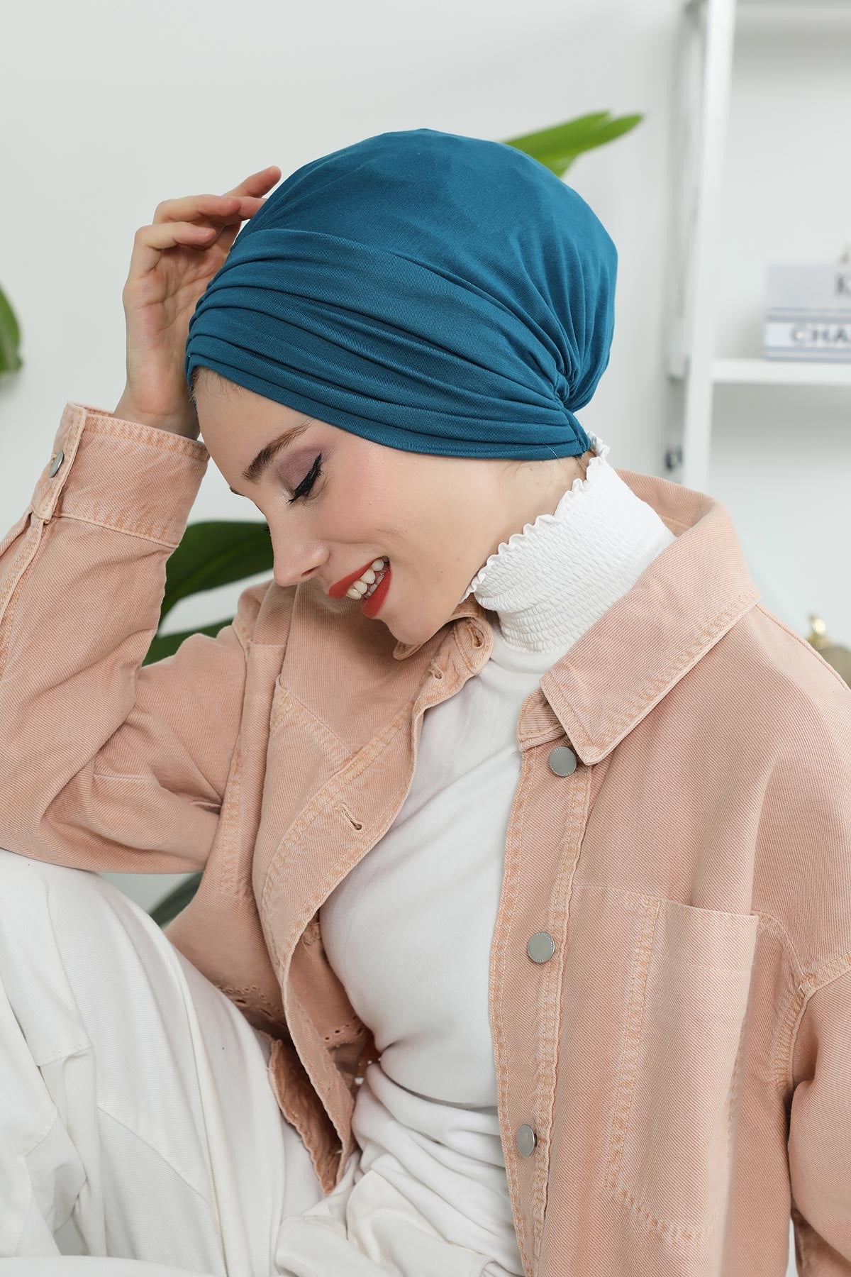 Shirred Elegance Head Turban For Women Fashion Instant Turban Shirred Head Scarf, Plain & Comfortable Stylish Bonnet Cap for Women,B-13 Petrol Blue