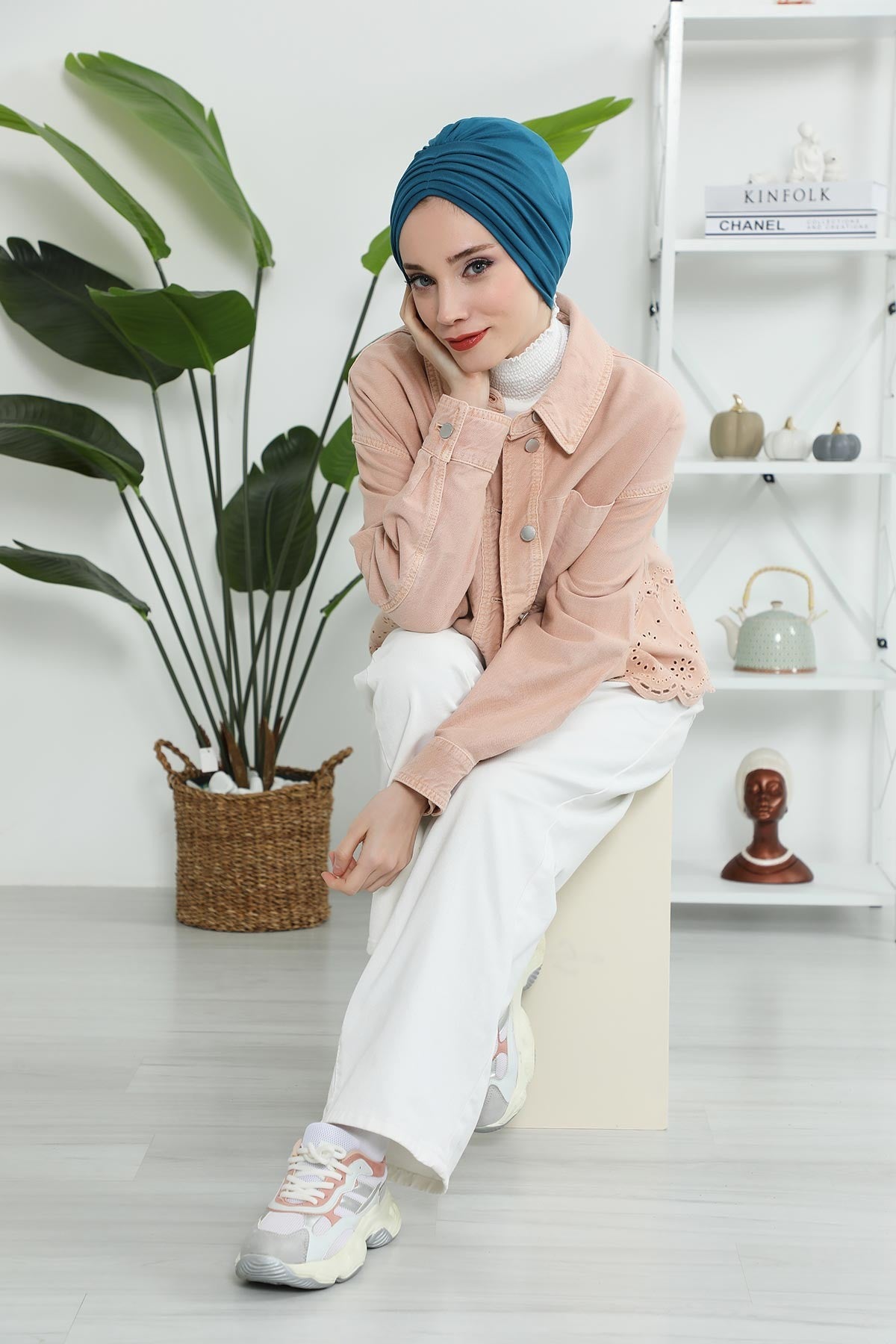 Shirred Elegance Head Turban For Women Fashion Instant Turban Shirred Head Scarf, Plain & Comfortable Stylish Bonnet Cap for Women,B-13 Petrol Blue