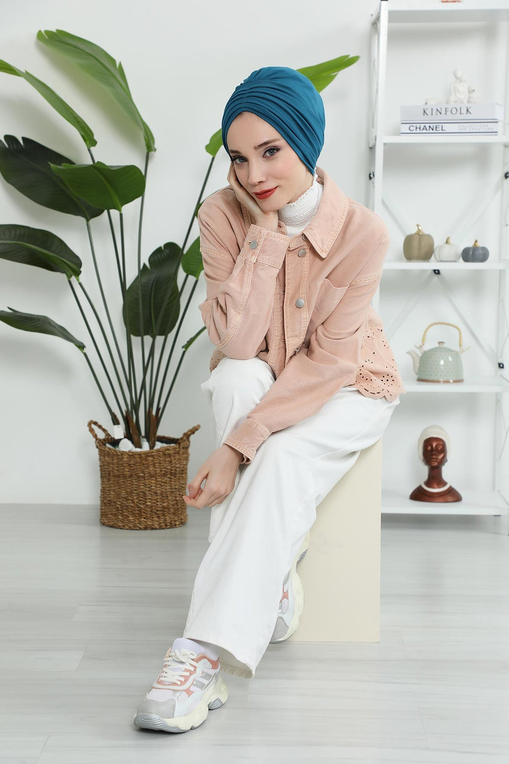 Shirred Elegance Head Turban For Women Fashion Instant Turban Shirred Head Scarf, Plain & Comfortable Stylish Bonnet Cap for Women,B-13 Petrol Blue