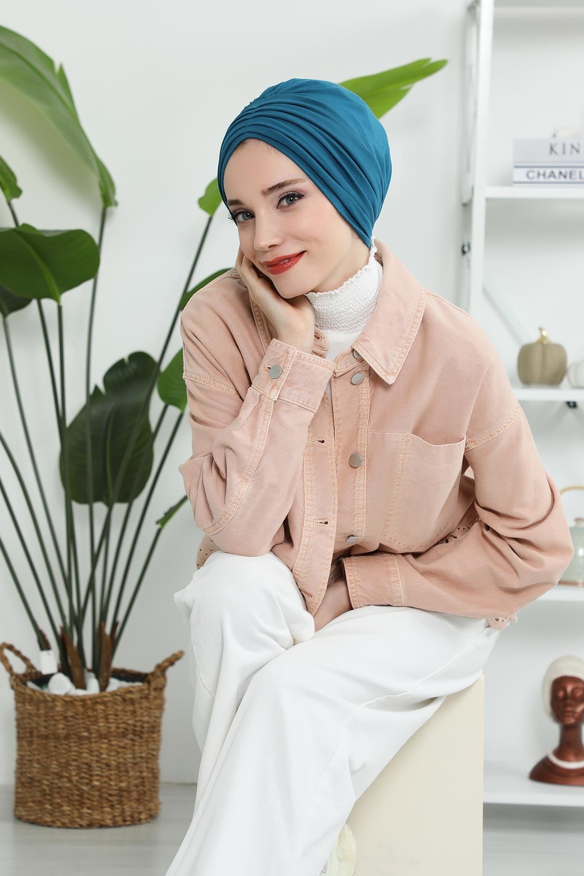Shirred Elegance Head Turban For Women Fashion Instant Turban Shirred Head Scarf, Plain & Comfortable Stylish Bonnet Cap for Women,B-13 Petrol Blue