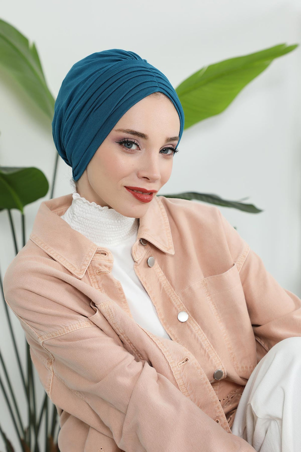 Shirred Elegance Head Turban For Women Fashion Instant Turban Shirred Head Scarf, Plain & Comfortable Stylish Bonnet Cap for Women,B-13 Petrol Blue