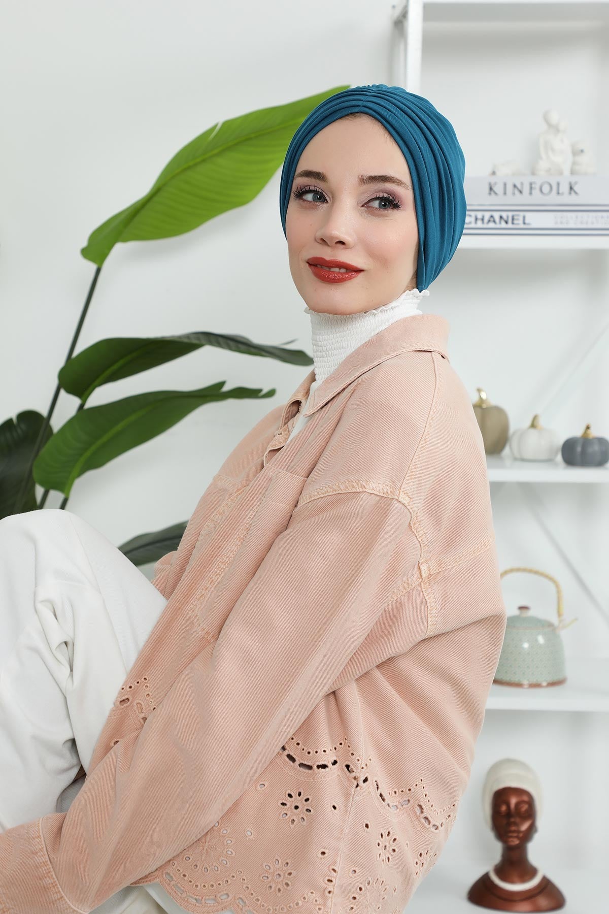 Shirred Elegance Head Turban For Women Fashion Instant Turban Shirred Head Scarf, Plain & Comfortable Stylish Bonnet Cap for Women,B-13 Petrol Blue