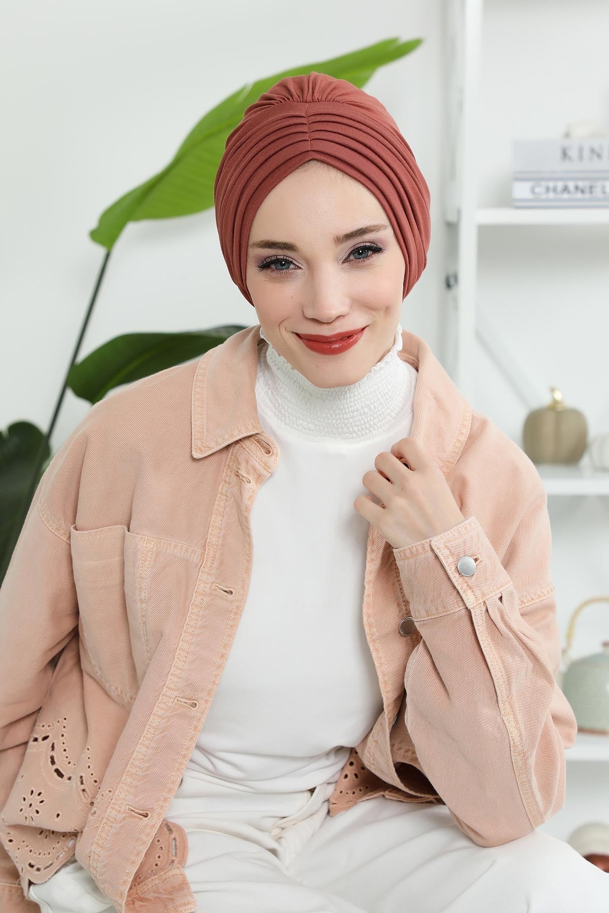 Shirred Elegance Head Turban For Women Fashion Instant Turban Shirred Head Scarf, Plain & Comfortable Stylish Bonnet Cap for Women,B-13 Cinnamon