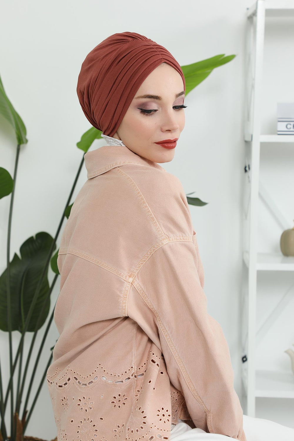 Shirred Elegance Head Turban For Women Fashion Instant Turban Shirred Head Scarf, Plain & Comfortable Stylish Bonnet Cap for Women,B-13 Cinnamon