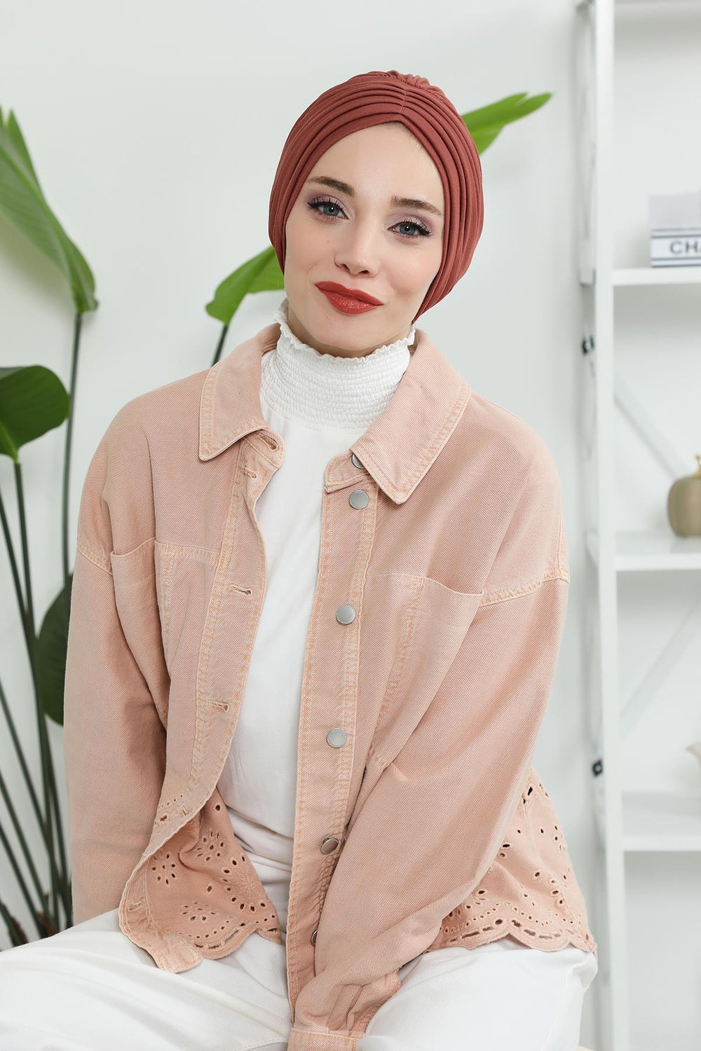 Shirred Elegance Head Turban For Women Fashion Instant Turban Shirred Head Scarf, Plain & Comfortable Stylish Bonnet Cap for Women,B-13 Cinnamon