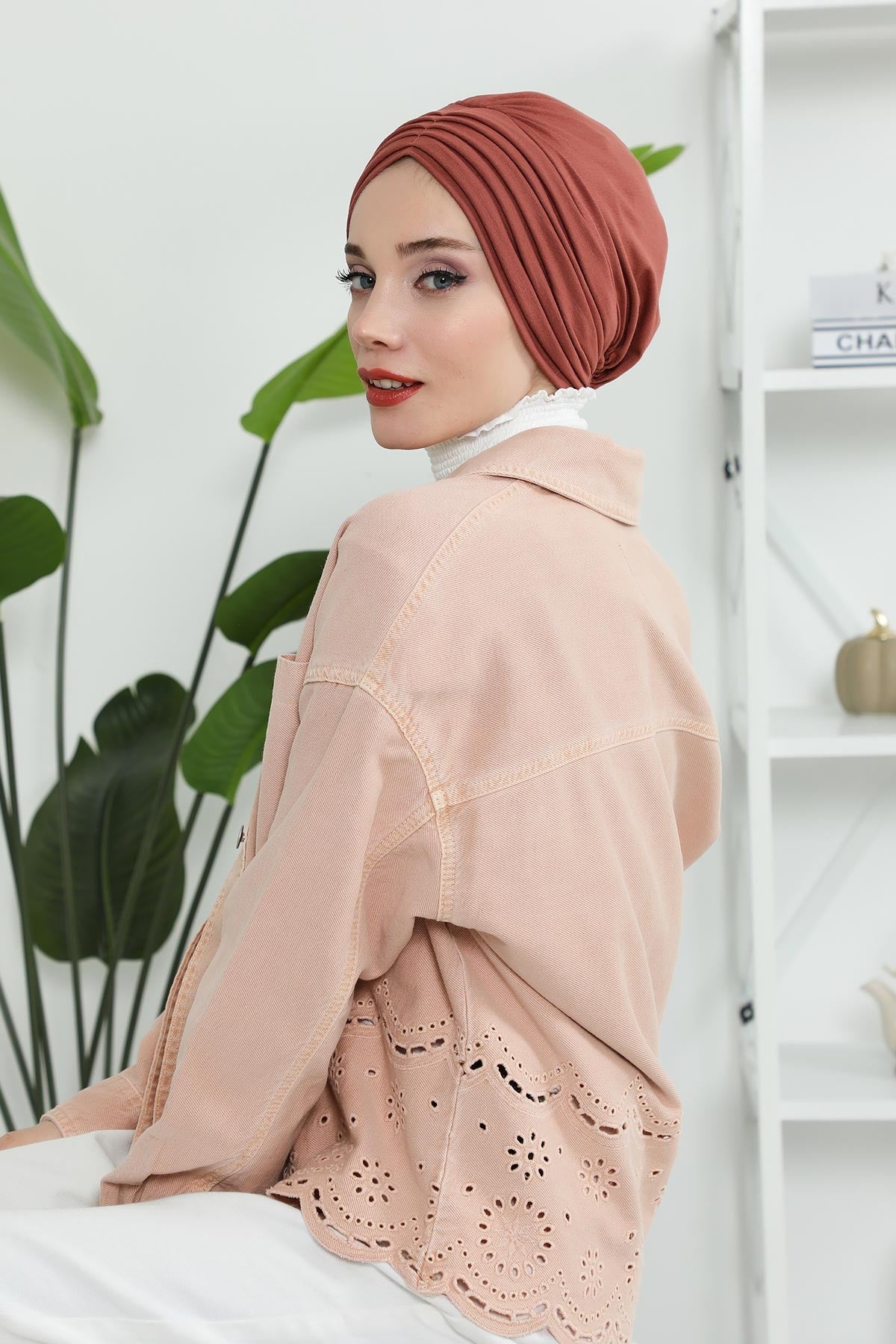 Shirred Elegance Head Turban For Women Fashion Instant Turban Shirred Head Scarf, Plain & Comfortable Stylish Bonnet Cap for Women,B-13 Cinnamon