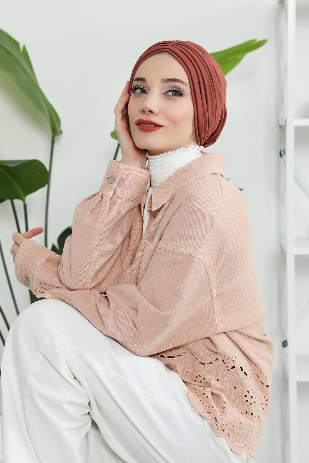 Shirred Elegance Head Turban For Women Fashion Instant Turban Shirred Head Scarf, Plain & Comfortable Stylish Bonnet Cap for Women,B-13 Cinnamon