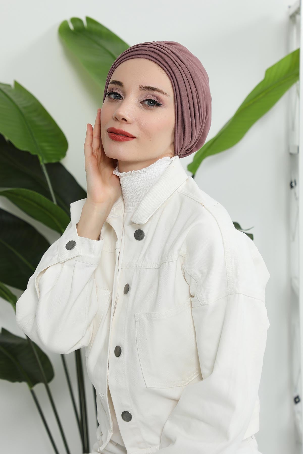 Shirred Elegance Head Turban For Women Fashion Instant Turban Shirred Head Scarf, Plain & Comfortable Stylish Bonnet Cap for Women,B-13 Dusty Rose