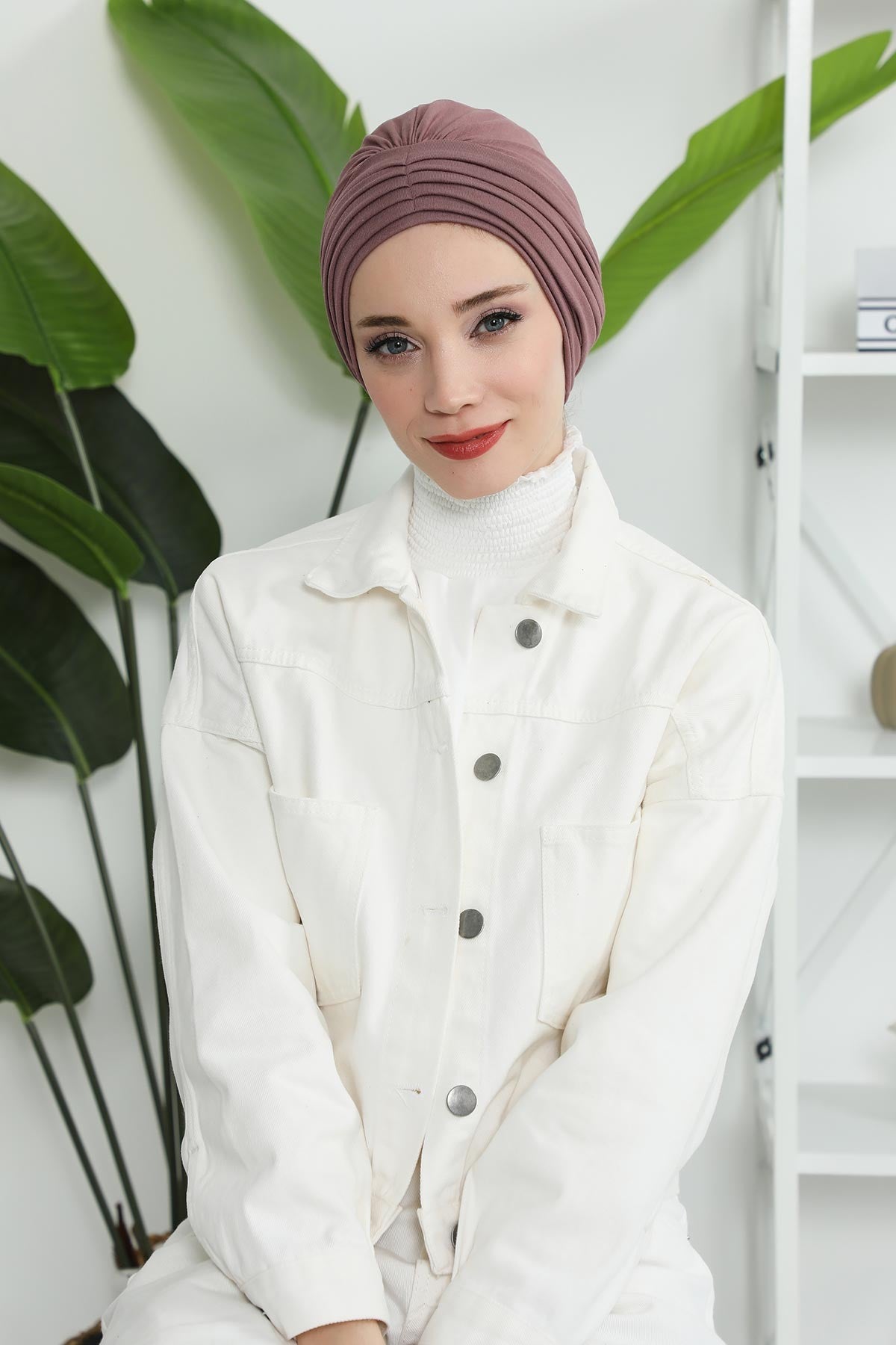 Shirred Elegance Head Turban For Women Fashion Instant Turban Shirred Head Scarf, Plain & Comfortable Stylish Bonnet Cap for Women,B-13 Dusty Rose