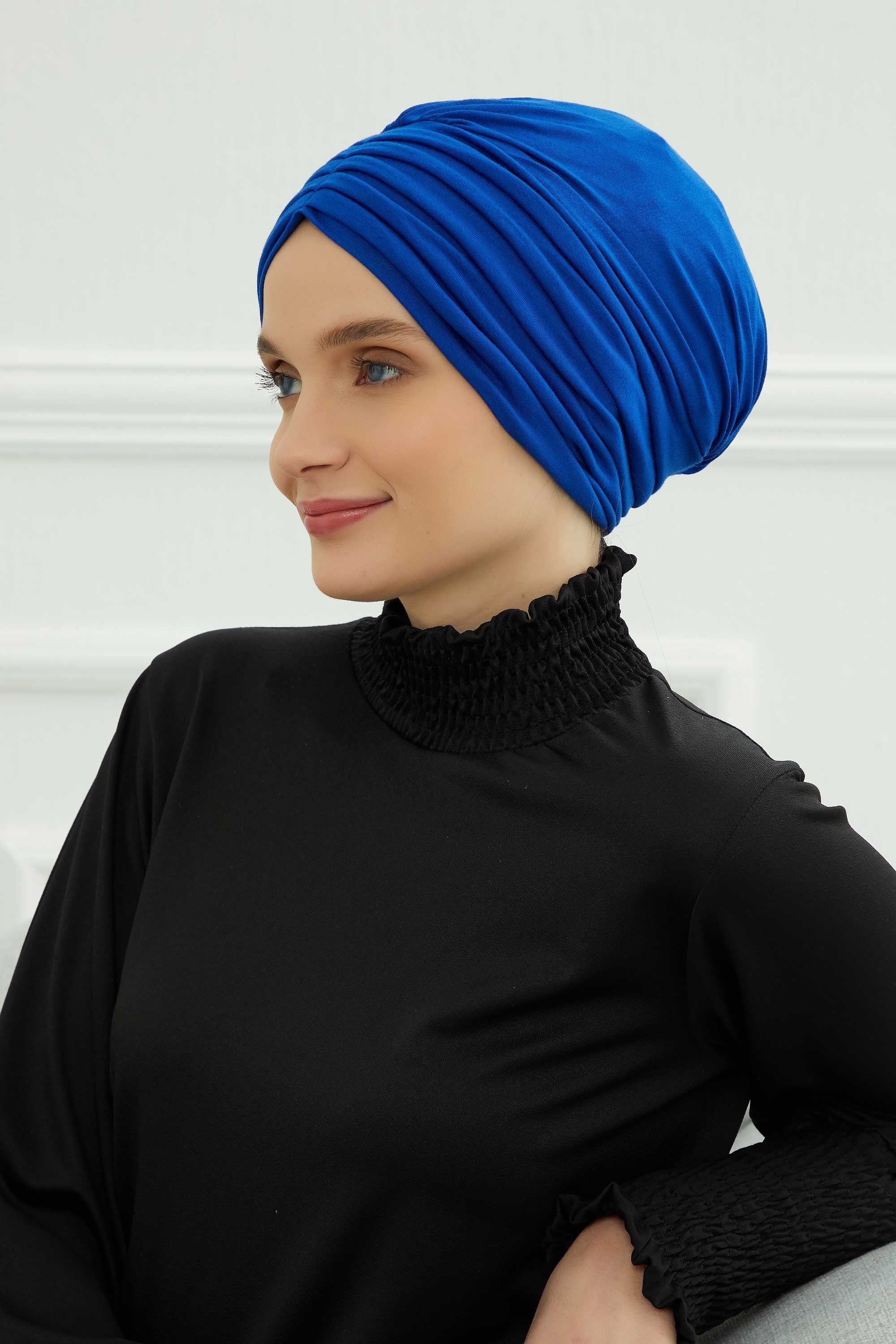 Shirred Elegance Head Turban For Women Fashion Instant Turban Shirred Head Scarf, Plain & Comfortable Stylish Bonnet Cap for Women,B-13 Sax Blue