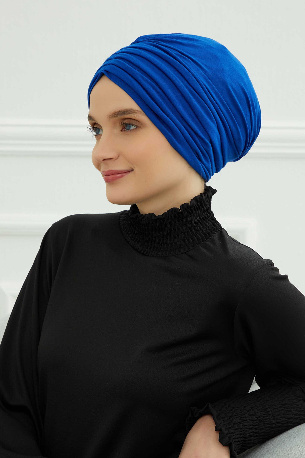 Shirred Elegance Head Turban For Women Fashion Instant Turban Shirred Head Scarf, Plain & Comfortable Stylish Bonnet Cap for Women,B-13 Sax Blue