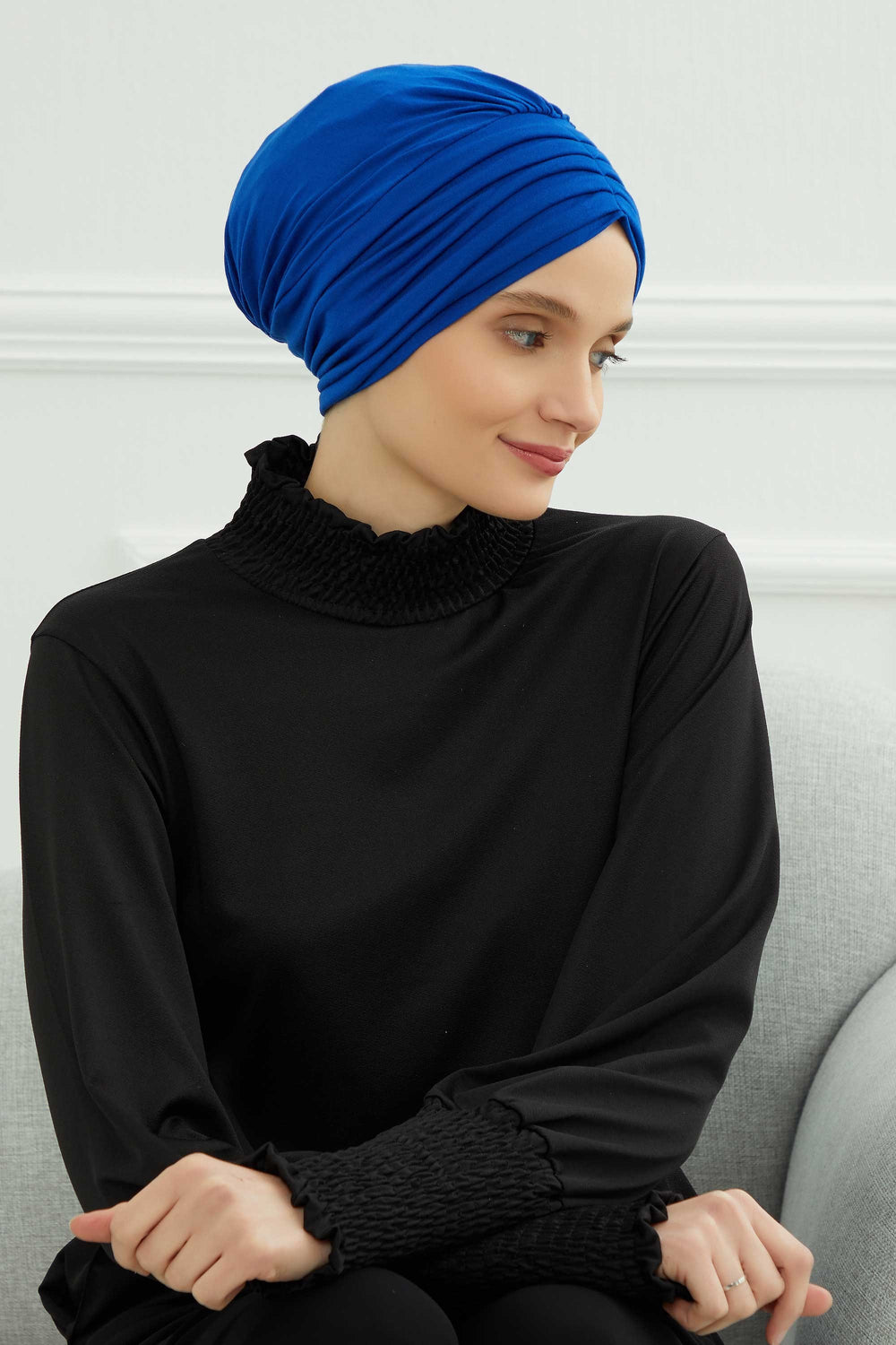 Shirred Elegance Head Turban For Women Fashion Instant Turban Shirred Head Scarf, Plain & Comfortable Stylish Bonnet Cap for Women,B-13 Sax Blue