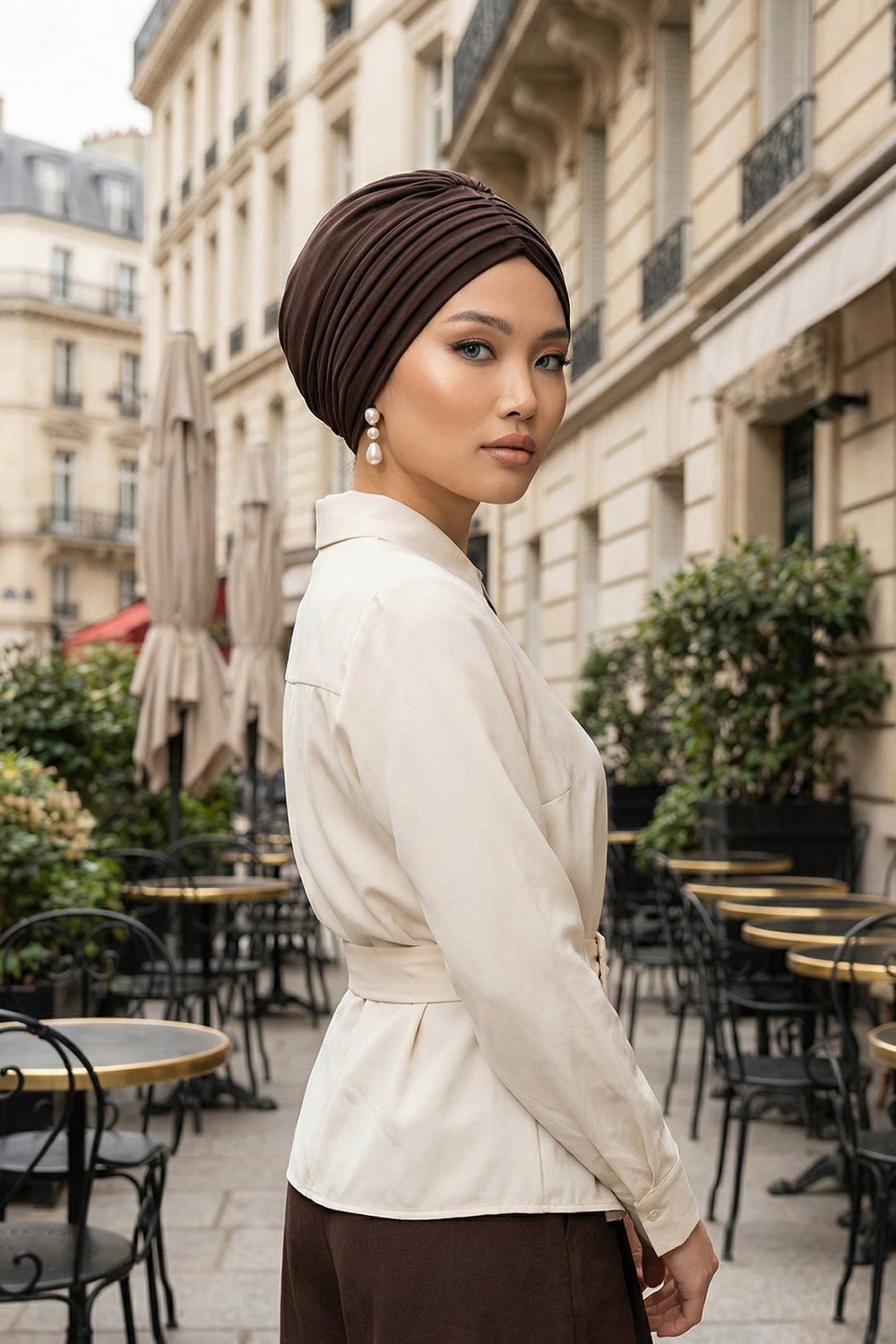 Shirred Elegance Head Turban For Women Fashion Instant Turban Shirred Head Scarf, Plain & Comfortable Stylish Bonnet Cap for Women,B-13 Brown