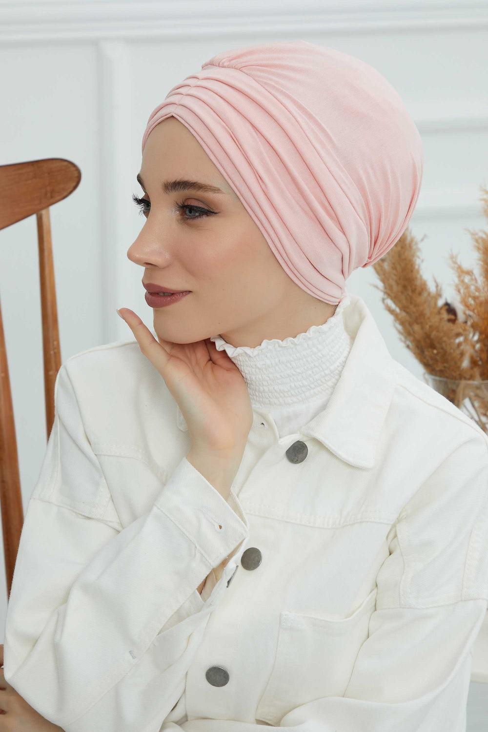 Shirred Elegance Head Turban For Women Fashion Instant Turban Shirred Head Scarf, Plain & Comfortable Stylish Bonnet Cap for Women,B-13 Powder