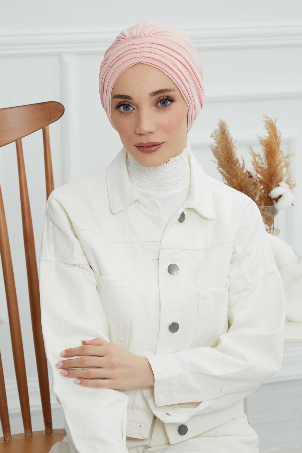 Shirred Elegance Head Turban For Women Fashion Instant Turban Shirred Head Scarf, Plain & Comfortable Stylish Bonnet Cap for Women,B-13 Powder