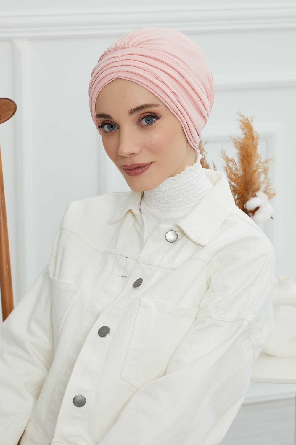 Shirred Elegance Head Turban For Women Fashion Instant Turban Shirred Head Scarf, Plain & Comfortable Stylish Bonnet Cap for Women,B-13 Powder