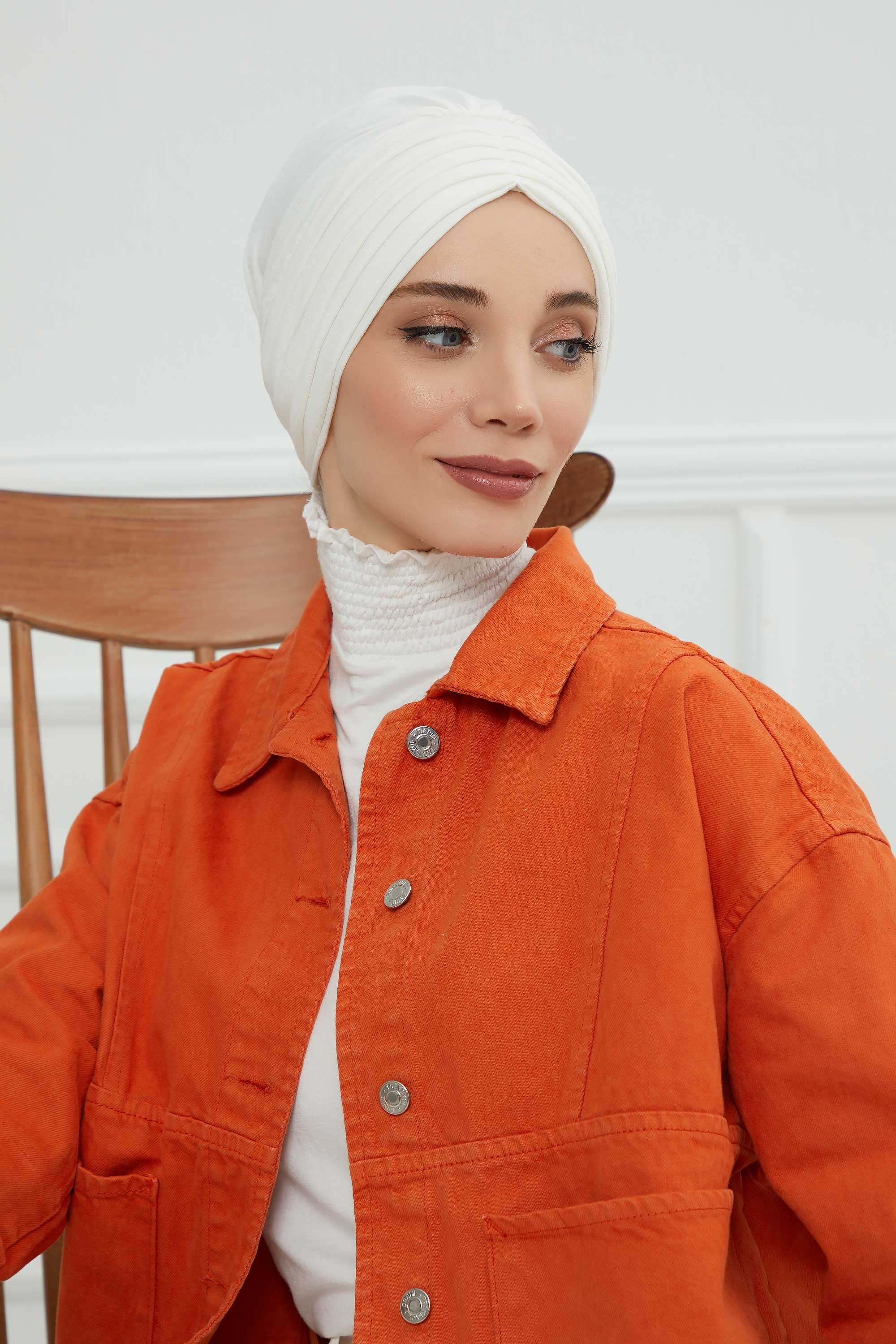 Shirred Elegance Head Turban For Women Fashion Instant Turban Shirred Head Scarf, Plain & Comfortable Stylish Bonnet Cap for Women,B-13 Ivory