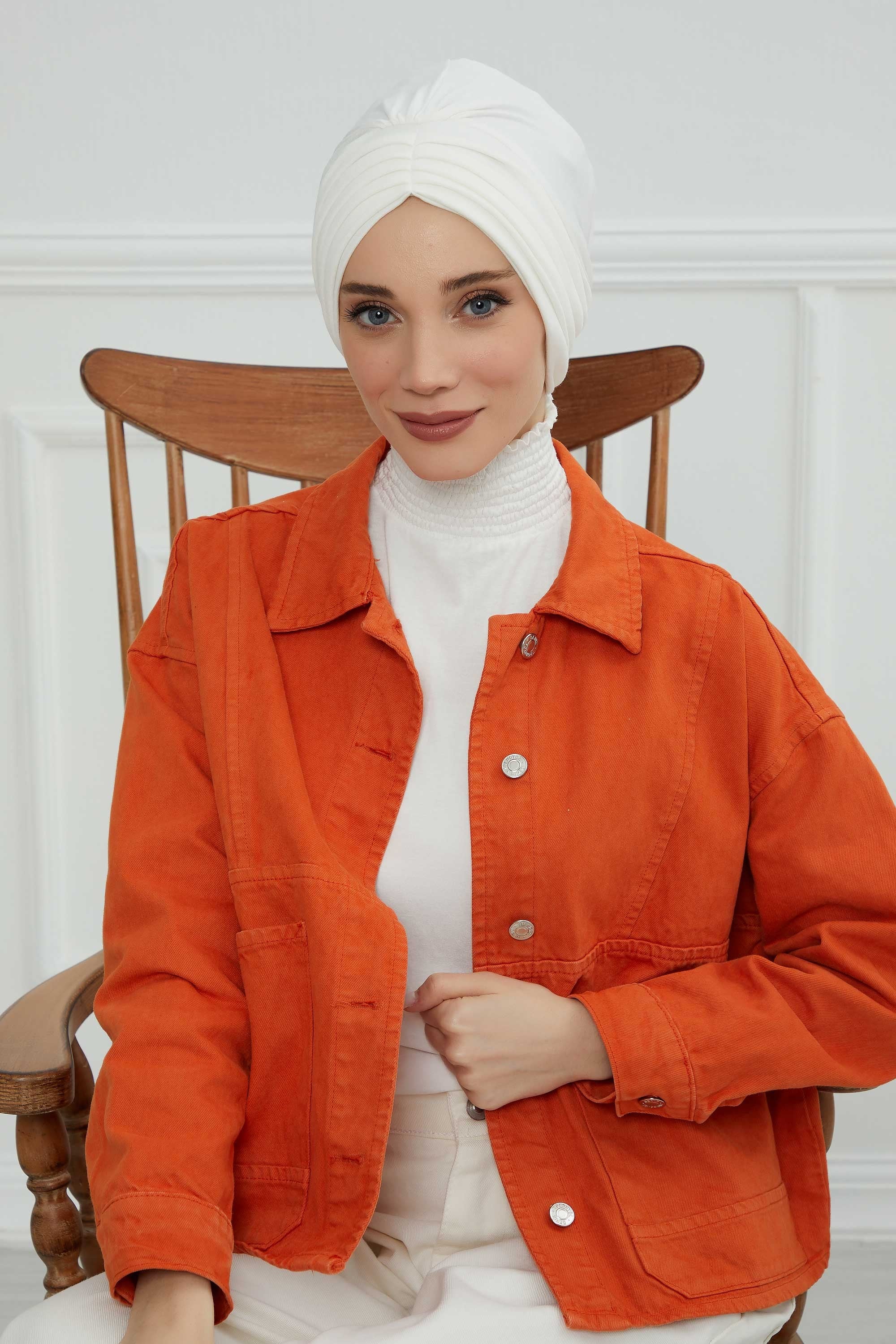 Shirred Elegance Head Turban For Women Fashion Instant Turban Shirred Head Scarf, Plain & Comfortable Stylish Bonnet Cap for Women,B-13 Ivory