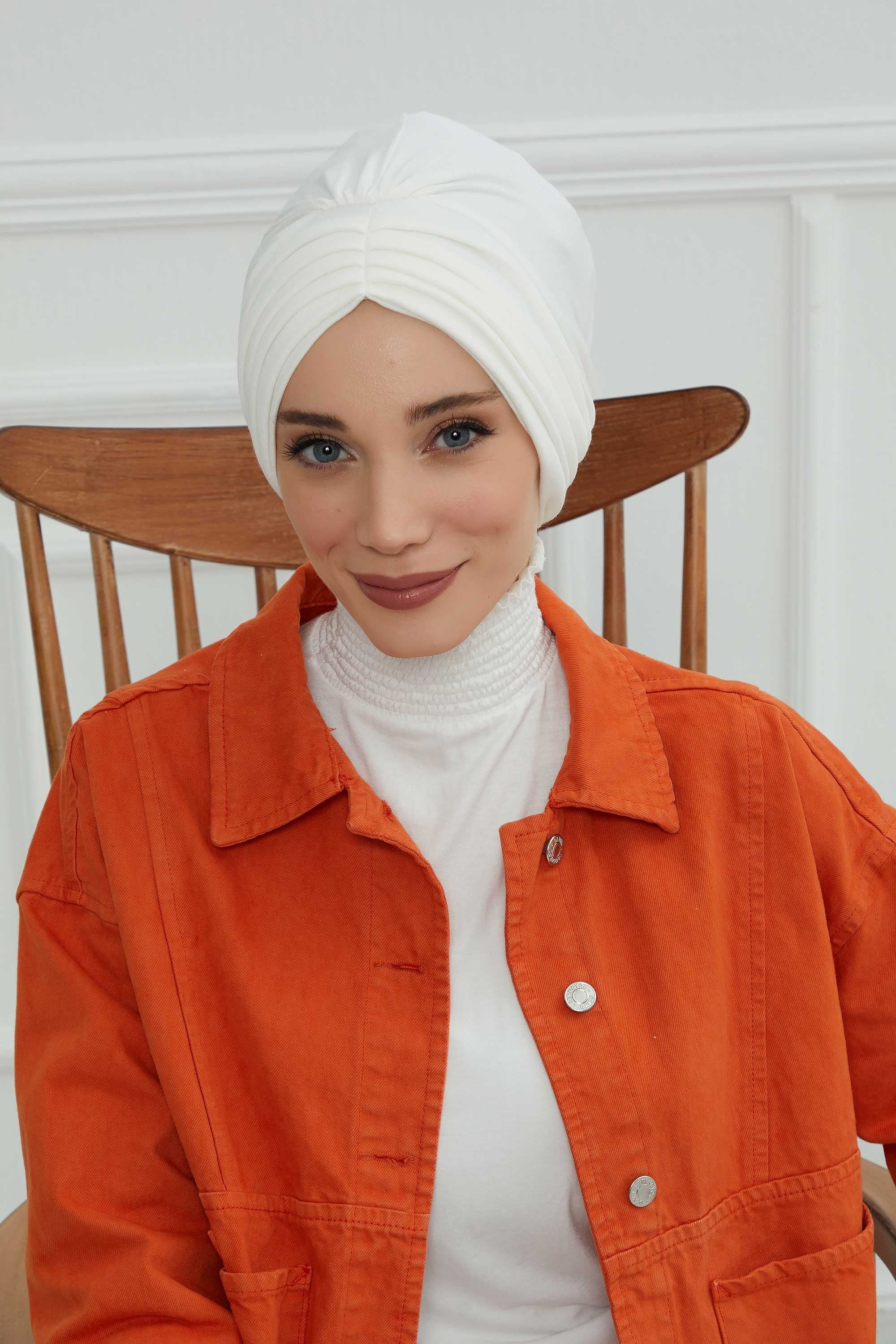 Shirred Elegance Head Turban For Women Fashion Instant Turban Shirred Head Scarf, Plain & Comfortable Stylish Bonnet Cap for Women,B-13 Ivory