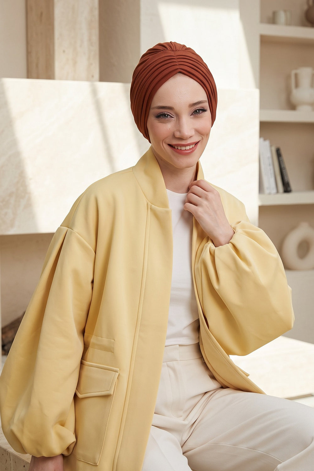 Shirred Elegance Head Turban For Women Fashion Instant Turban Shirred Head Scarf, Plain & Comfortable Stylish Bonnet Cap for Women,B-13 Tile Red