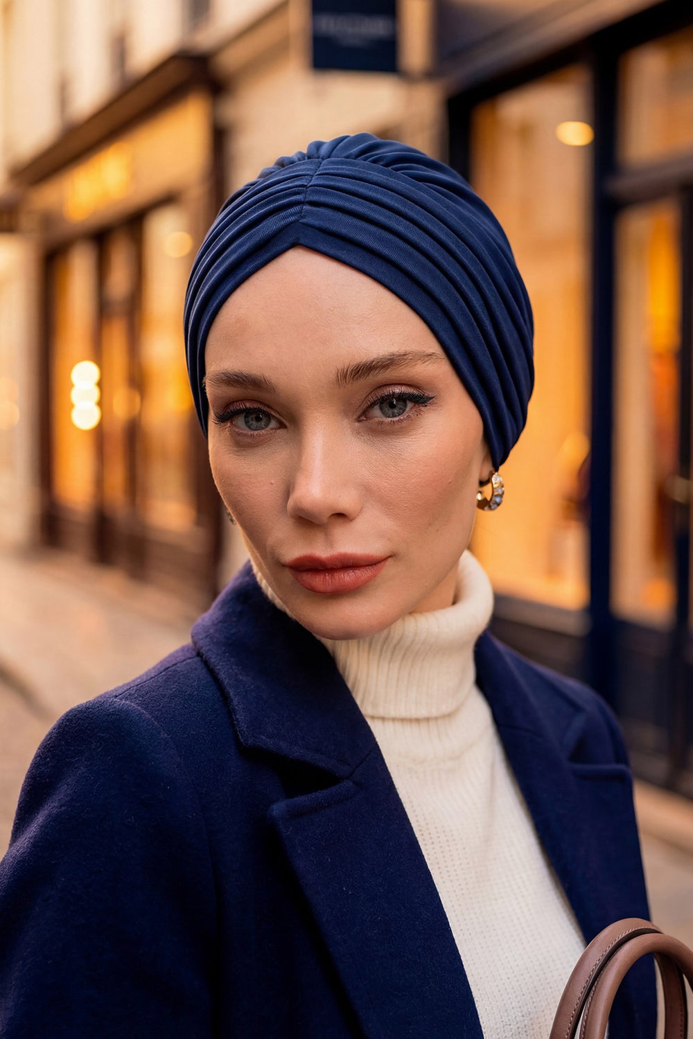 Shirred Elegance Turban for Women for All Seasons, Ready to Wear Stretchy Headwrap for Women, Breathable One Size Modest Hijab Cap for Everyday and Special Occasions,B-13O Navy Blue