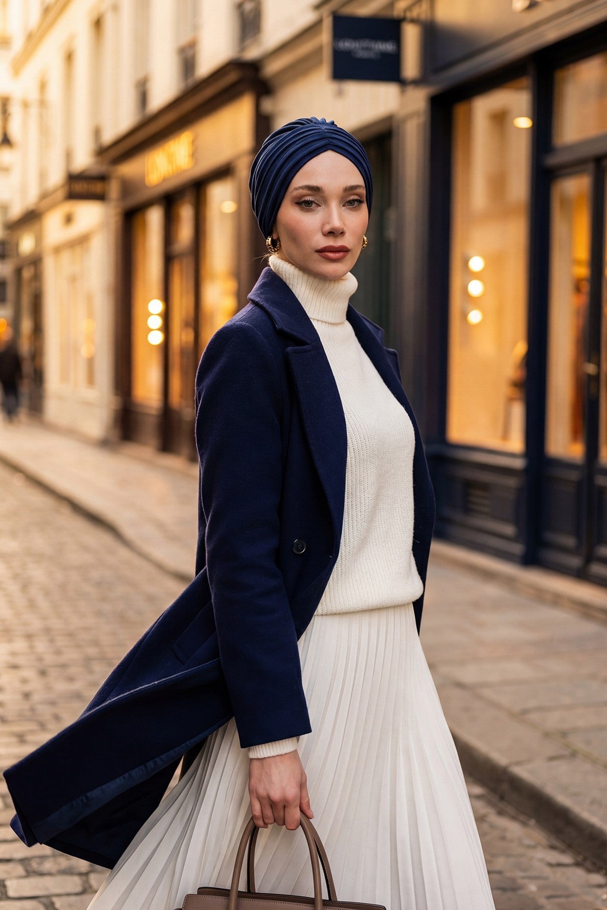 Shirred Elegance Turban for Women for All Seasons, Ready to Wear Stretchy Headwrap for Women, Breathable One Size Modest Hijab Cap for Everyday and Special Occasions,B-13O Navy Blue