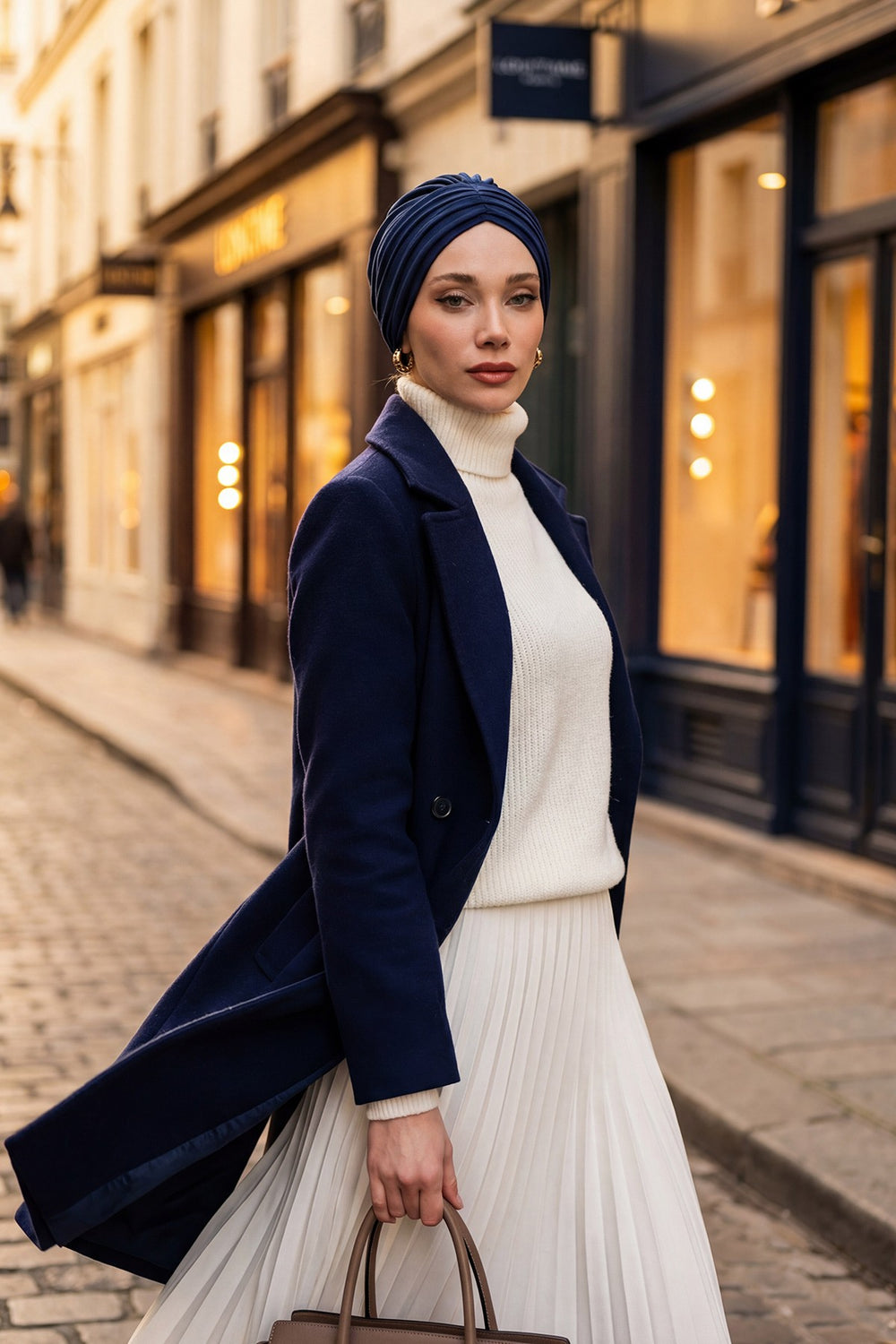 Shirred Elegance Turban for Women for All Seasons, Ready to Wear Stretchy Headwrap for Women, Breathable One Size Modest Hijab Cap for Everyday and Special Occasions,B-13O Navy Blue