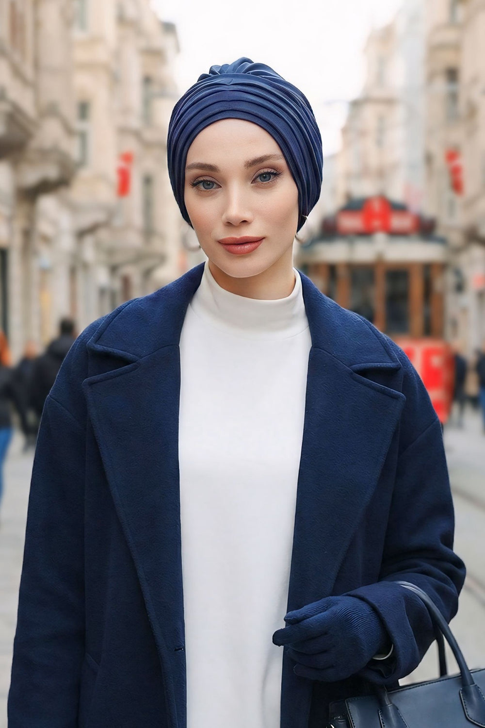 Shirred Elegance Turban for Women for All Seasons, Ready to Wear Stretchy Headwrap for Women, Breathable One Size Modest Hijab Cap for Everyday and Special Occasions,B-13O Navy Blue