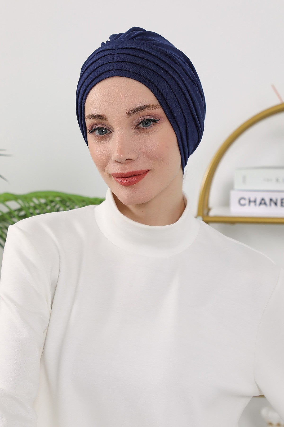 Shirred Elegance Turban for Women for All Seasons, Ready to Wear Stretchy Headwrap for Women, Breathable One Size Modest Hijab Cap for Everyday and Special Occasions,B-13O Navy Blue