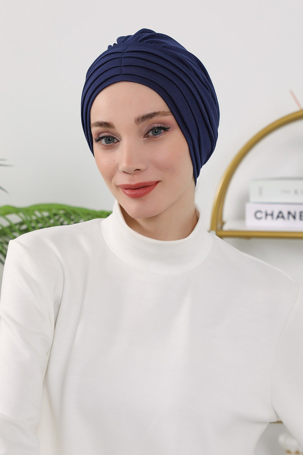 Shirred Elegance Turban for Women for All Seasons, Ready to Wear Stretchy Headwrap for Women, Breathable One Size Modest Hijab Cap for Everyday and Special Occasions,B-13O Navy Blue