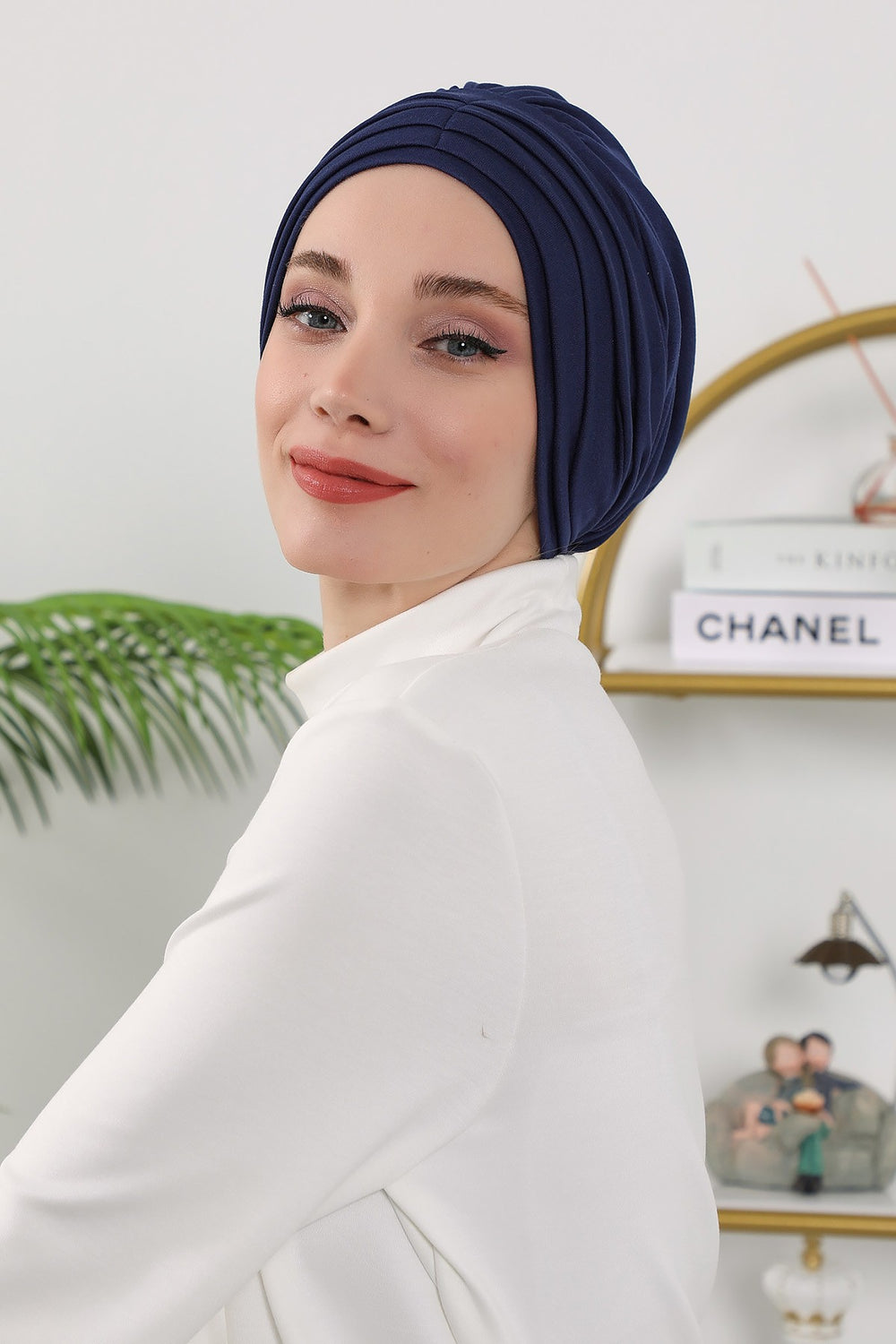 Shirred Elegance Turban for Women for All Seasons, Ready to Wear Stretchy Headwrap for Women, Breathable One Size Modest Hijab Cap for Everyday and Special Occasions,B-13O Navy Blue